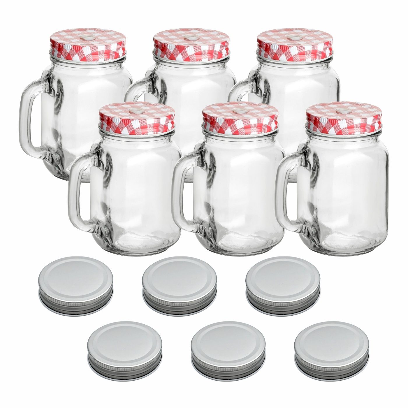 gouveo Gläser-Set Trinkgläser 450 ml mit Schraubdeckel - Trinkglas mit Henkel, 6-tlg., 6er Set, rot/silber