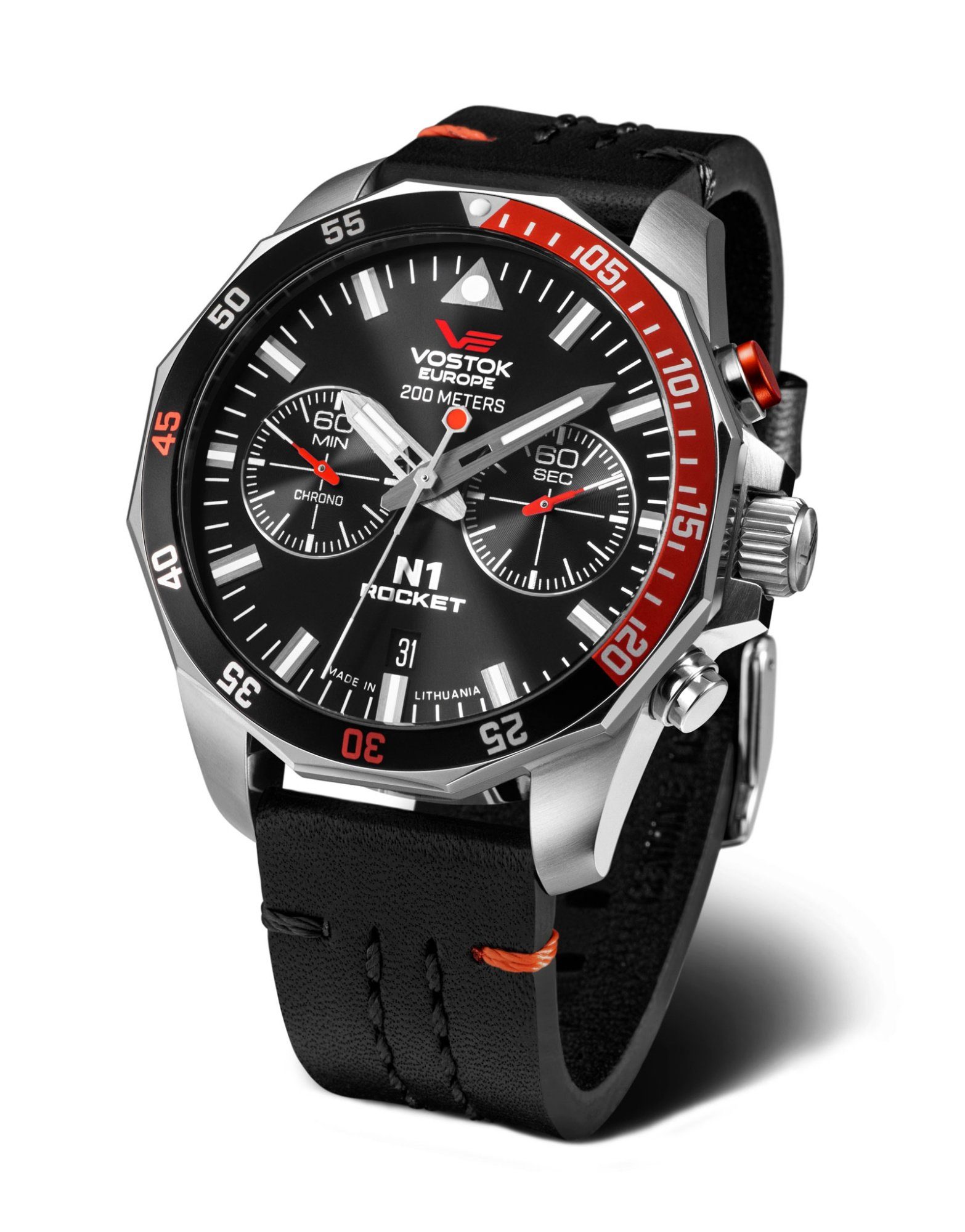 Vostok Europe Chronograph Rocket N1 – Herrenuhr, 46 mm Gehäuse, schwarzes Lederarmband, 225A707-L, sportlich-elegantes Design