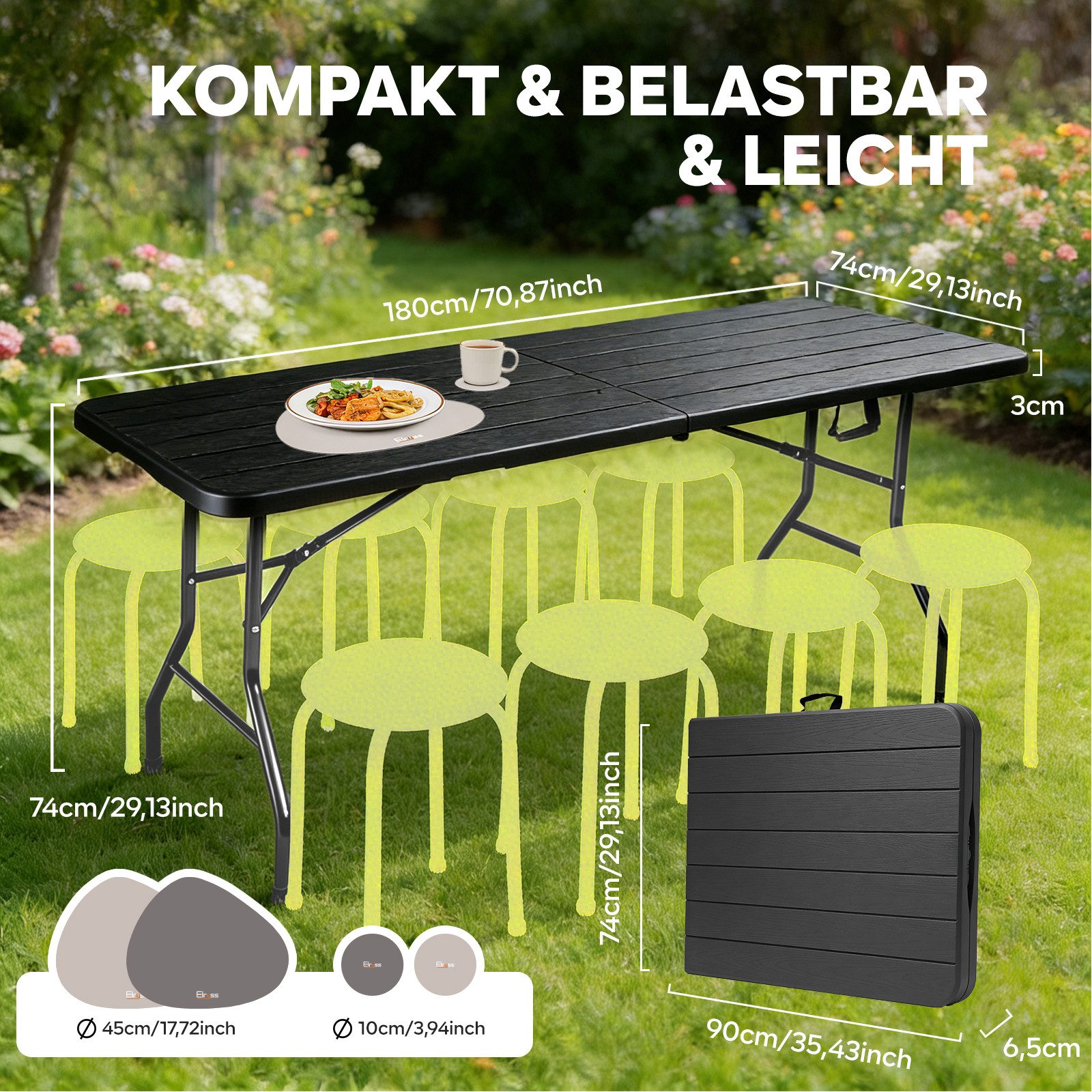 Eiryss Klapptisch 180x74 cm Tragbar Klappbar Gartentisch, Bis 150 kg, für 8-10 Personen (1), Campingtisch Partytisch Buffettisch, Witterungsbeständig – Bild 2 von 5