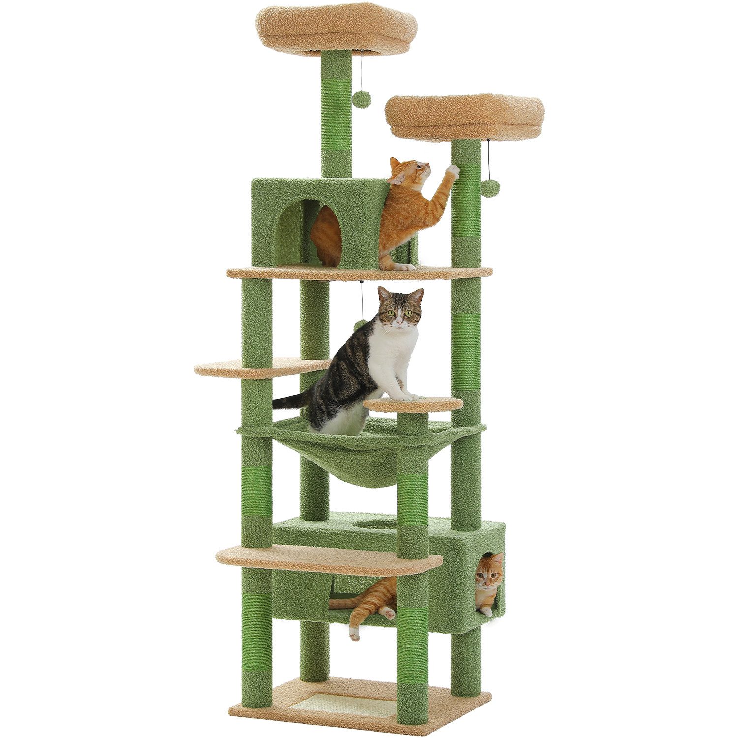 PETEPELA Kratzbaum Großer Kratzbaum, 184 cm großer Katzenturm für große Katzen, Sisal-bezogenen Polstern, 2 Sitzstangen, Doppelhaus und Korb
