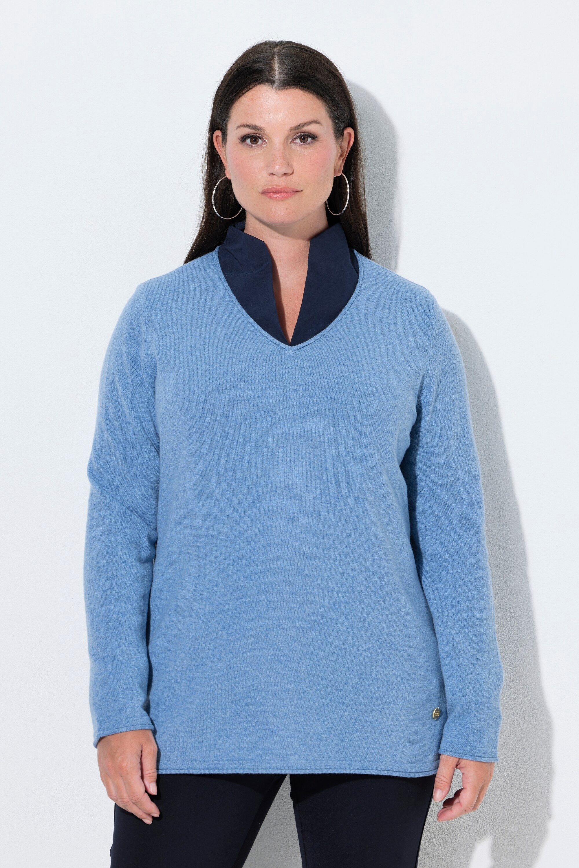 Ulla Popken Strickpullover Merino-Pullover Rollkanten V-Ausschnitt Langarm