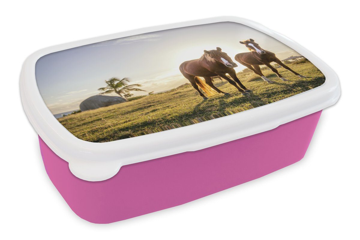 MuchoWow Lunchbox Pferde - Sonne - Gras, Kunststoff, (2-tlg), Brotbox für Erwachsene, Brotdose Kinder, Snackbox, Mädchen, Kunststoff rosa