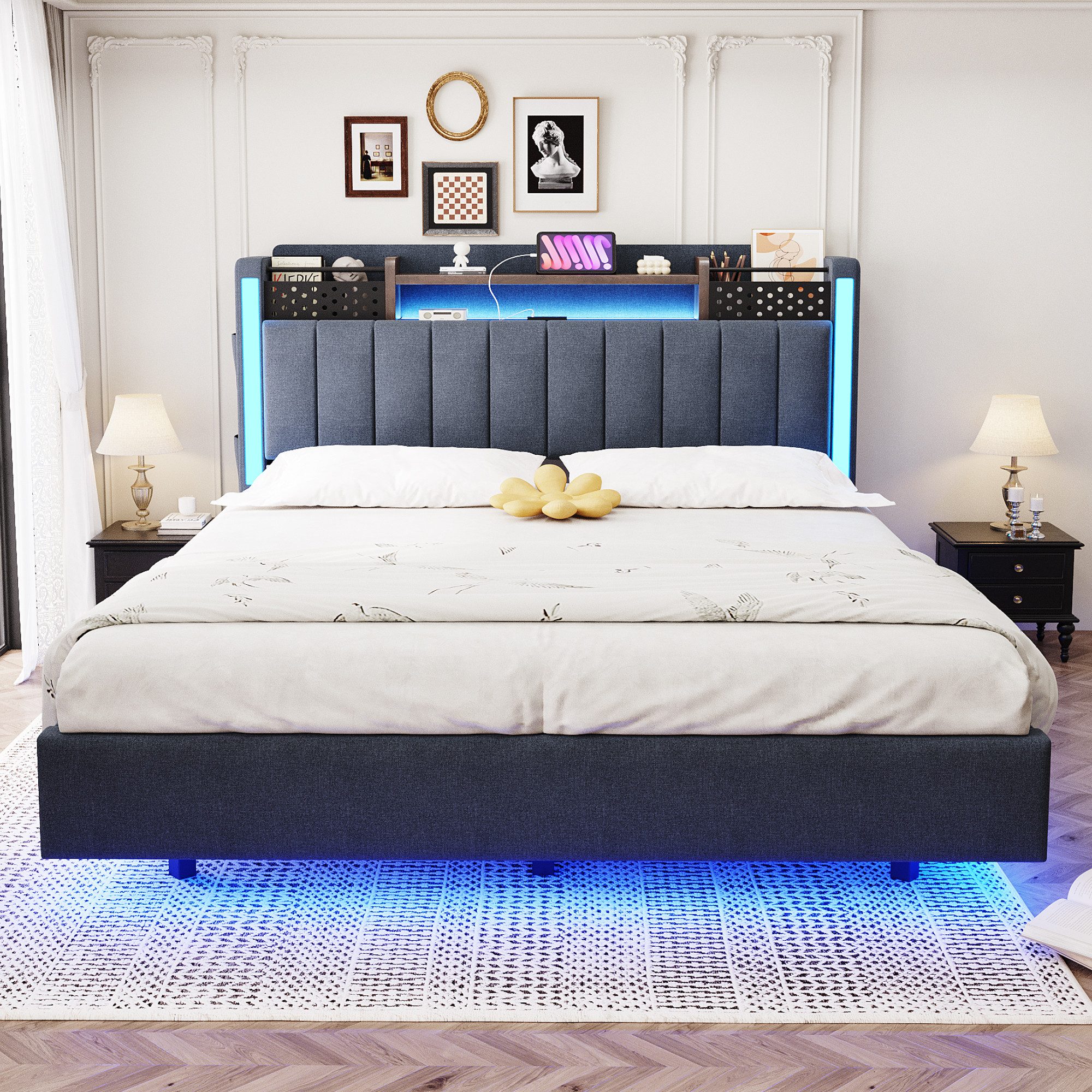 Flieks Polsterbett, LED Schwebebett Doppelbett 140x200cm mit USB-Aufladen u günstig online kaufen