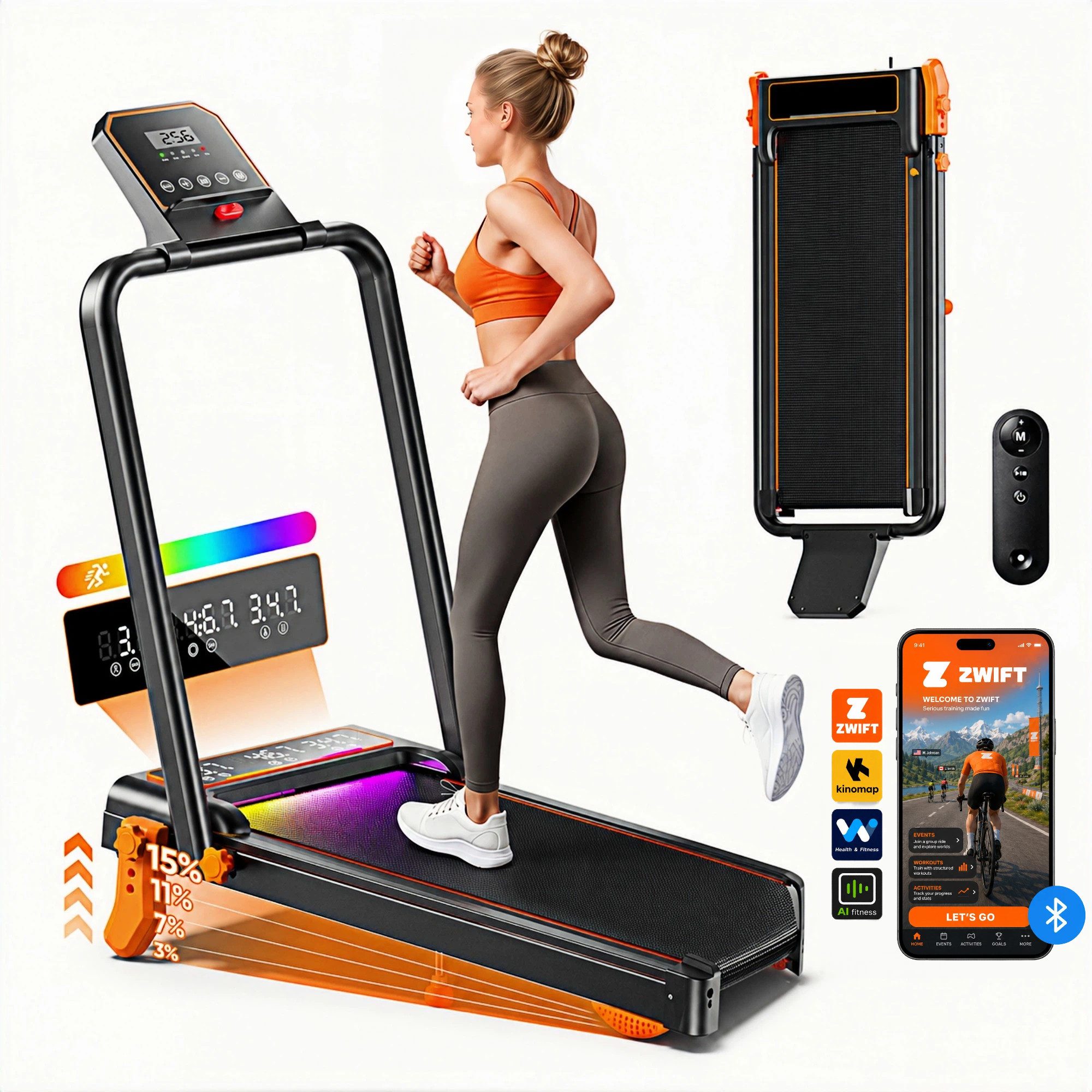 GIDGIMO Laufband FlexRun Pro Laufband 12 km/h mit 15 % Steigung, klappbar, App (für Zuhause & Büro), 6 IN 1 Walking Pad, LED Tempolicht, Bis 120kg Belastbar