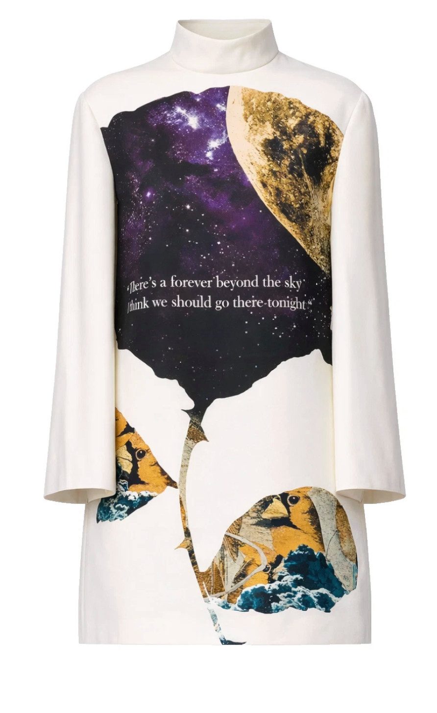 VALENTINO GARAVANI Midikleid Rollkragen Kleid Minikleid A-Linie Schurwolle Seide Ausdrucksstarker poetischem Print Beyond the Sky