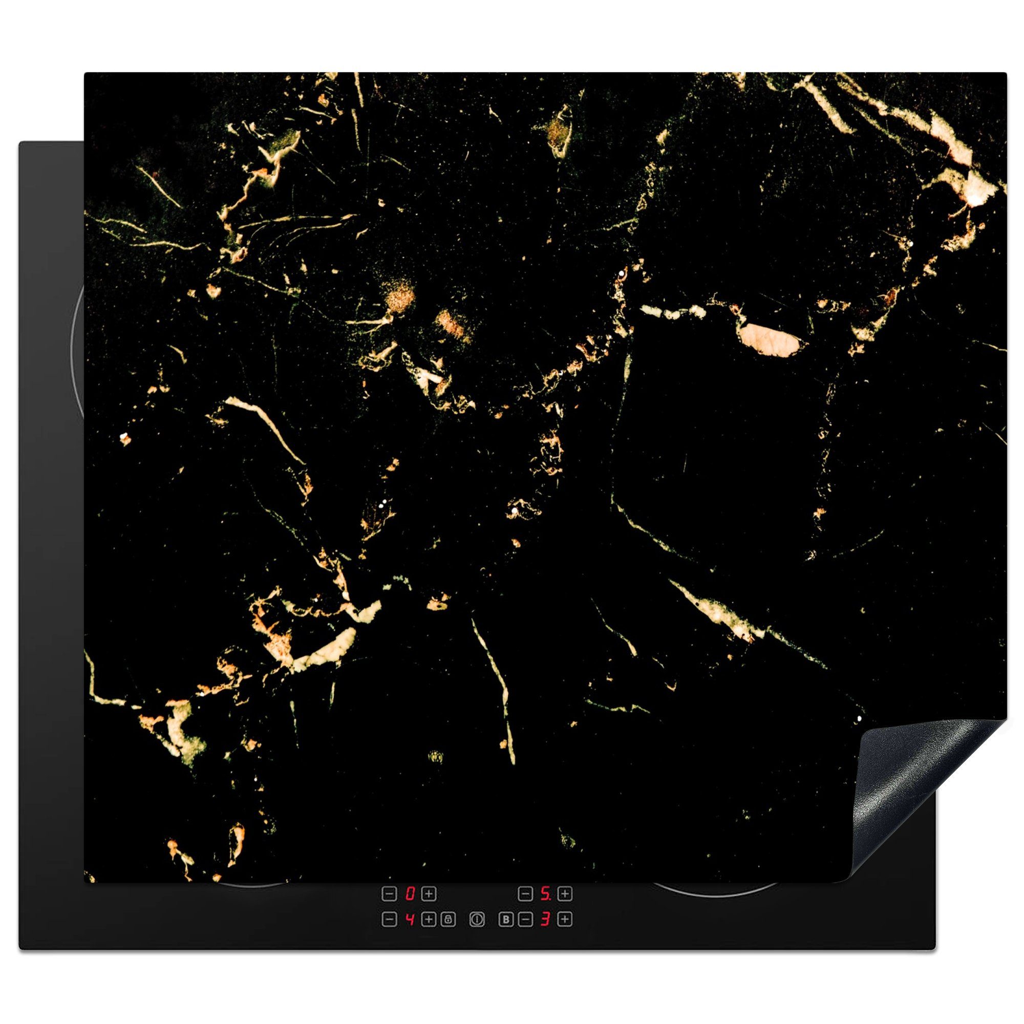 MuchoWow Herdblende-/Abdeckplatte Marmor - Limette - Schwarz - Gold, Vinyl, (1 tlg), 59x52 cm, Ceranfeldabdeckung für die küche, Induktionsmatte