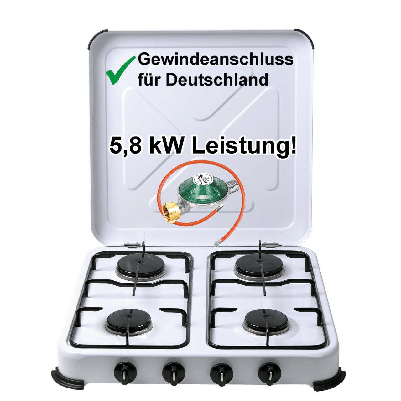 BlueCraft Gaskocher 4 flammig 50mbar Propan Gas Campingkocher 5,8 kW Gas-Kochfeld Gasherd, (mit Schlauch 100 cm und Gas Regler Druckminderer), Camping Gas Kocher 4 flammen für Gasflasche