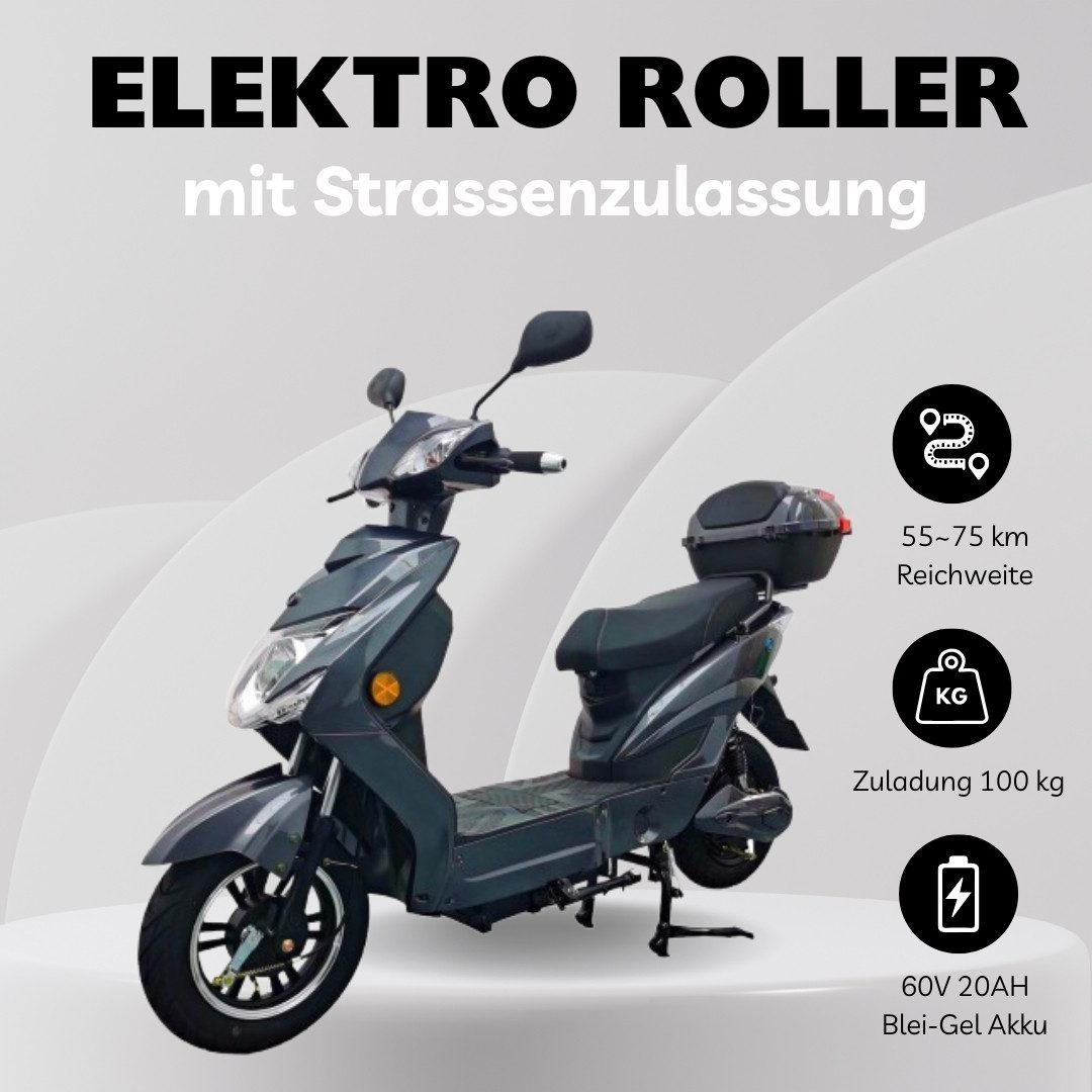 STW GmbH E-Motorrad E-Roller ENJOY 45kmh 60V 20Ah 1kW Motor 75KM Reichweite ECE Grau, 45 km/h