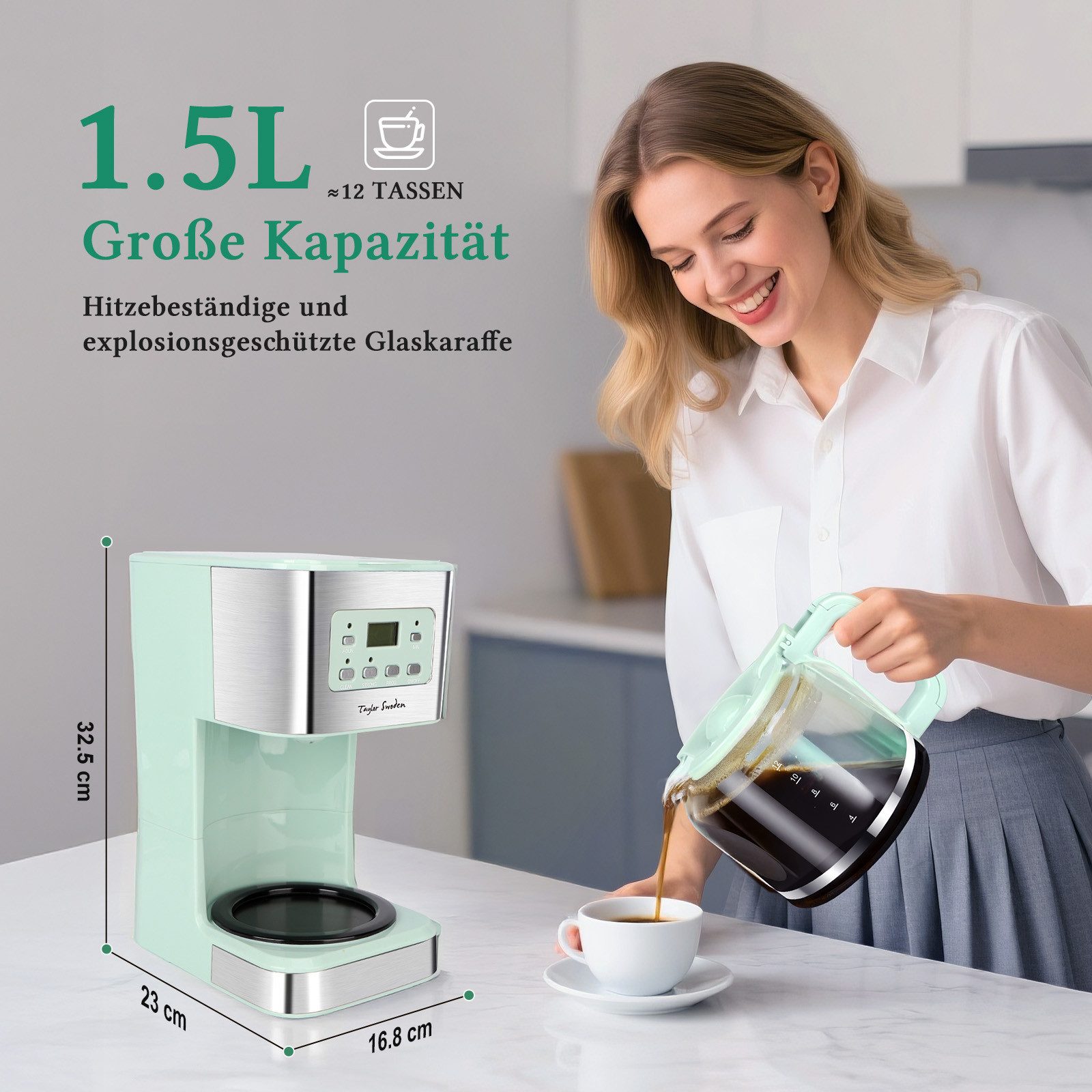 Taylor Swoden Filterkaffeemaschine 950 W, 1.5L/12 Tassen, Anti-Tropf, 24H Timer, 40 Mins Warmhaltefunktion, BPA-frei, 1.5l Kaffeekanne, Wiederverwendbarem Filter, 950W, Abschaltautomatik, BPA-frei