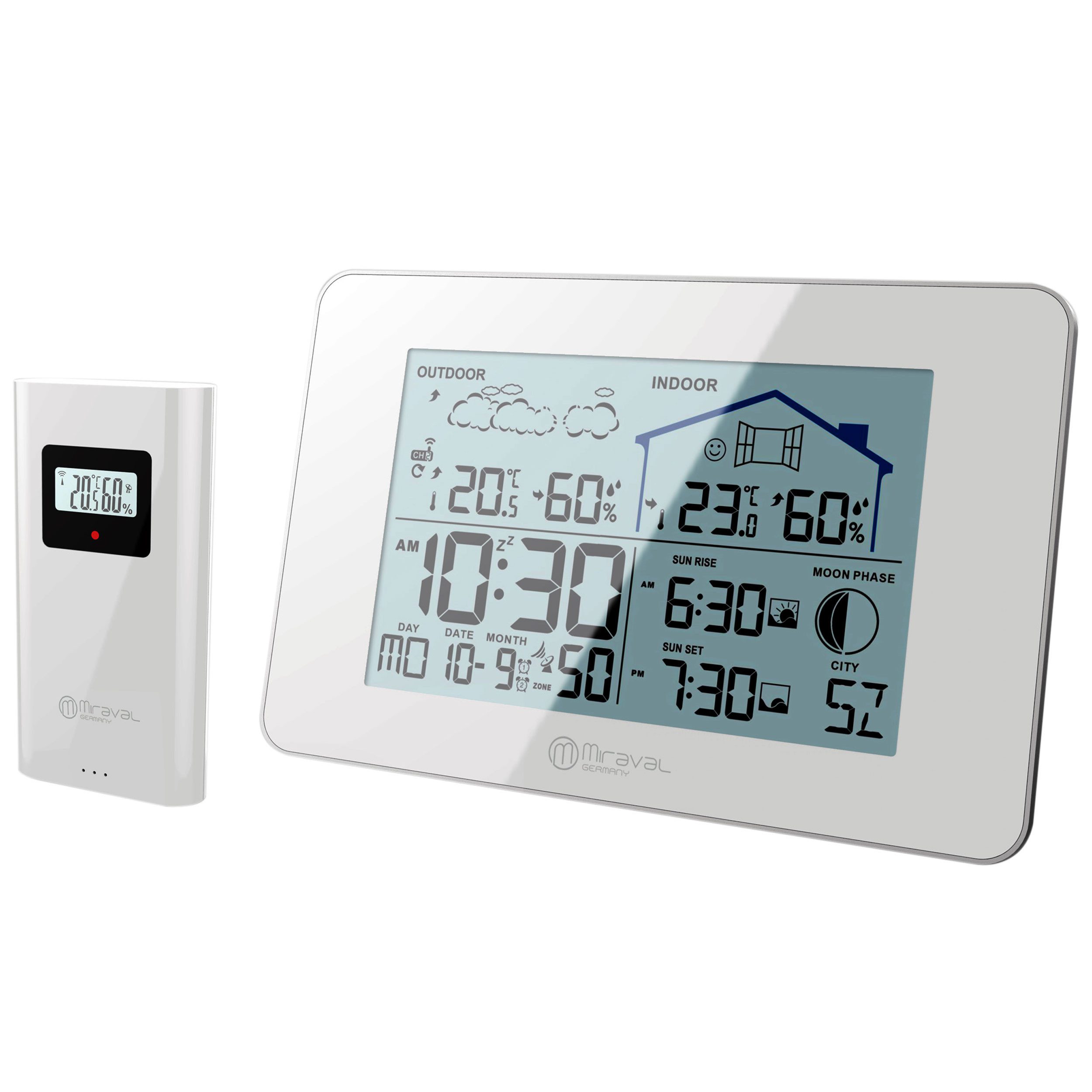 Miraval LCD Funk-Wetterstation mit Außensenor Funkwetterstation (Temperaturanzeige Datumsanzeige Alarm Displaybeleuchtung Hygrometer)