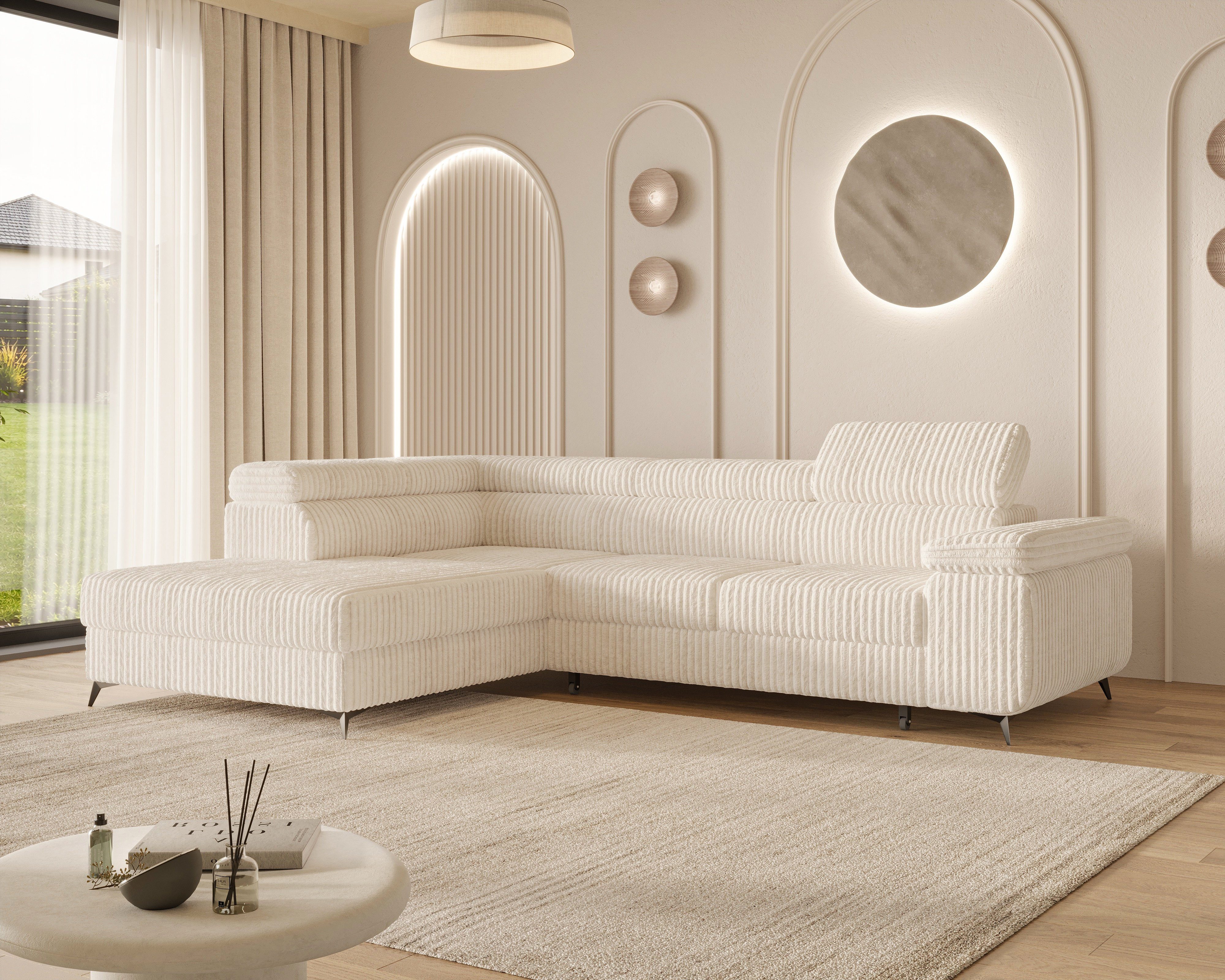 MOEBLO Ecksofa OSTIN, 290 cm – Modernes L-Sofa mit Schlaffunktion, Bettkasten und verstellbaren Kopfstützen, Cord oder Strukturstoff, - (BxHxT): 290 x 75–90 x 202 cm