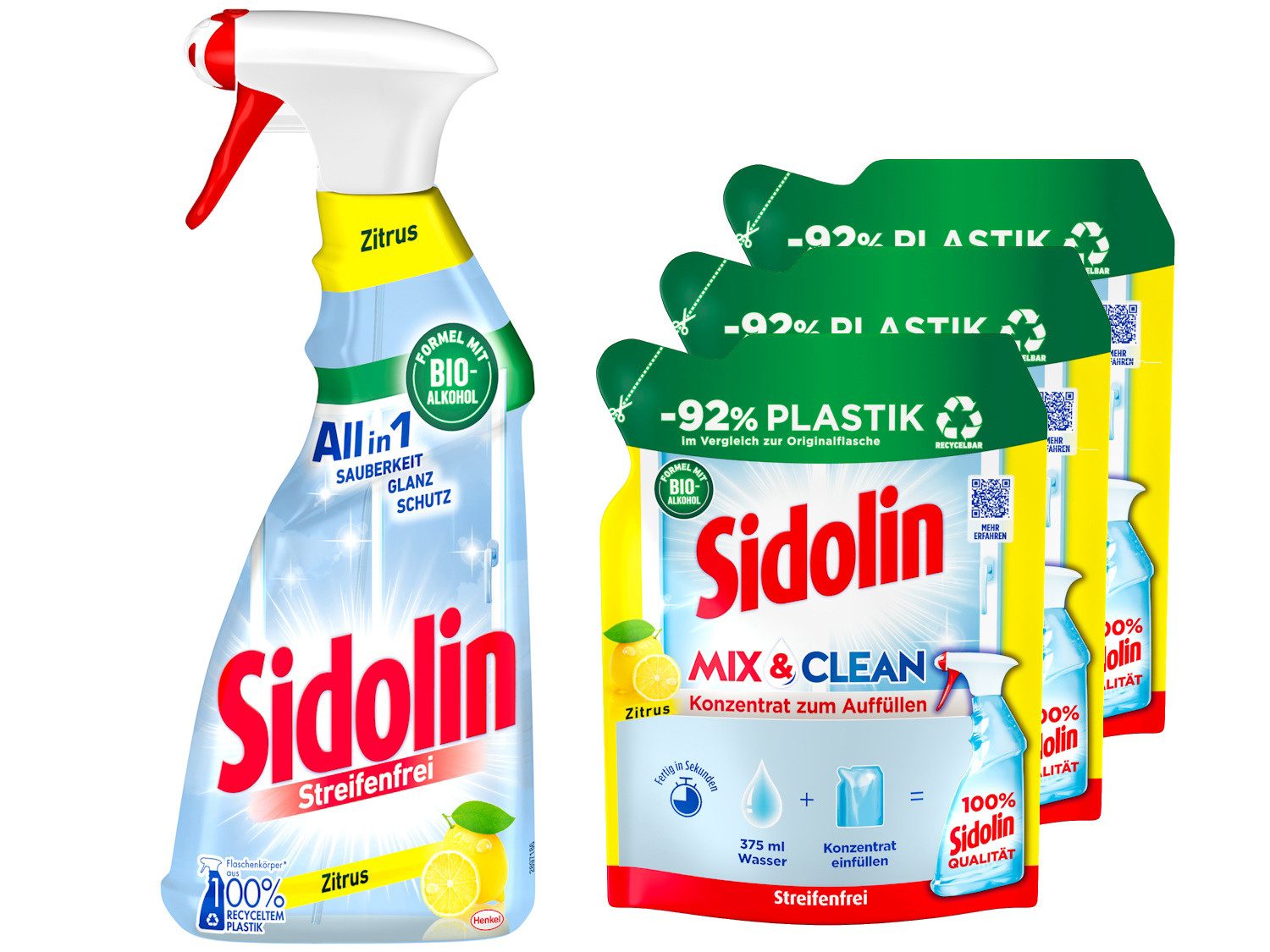SIDOLIN Zitrus + Streifenfrei Konzentrat Glasreiniger (Spar-Pack, [4-St. 500 ml + 3x 125 ml Glas, Fenster)