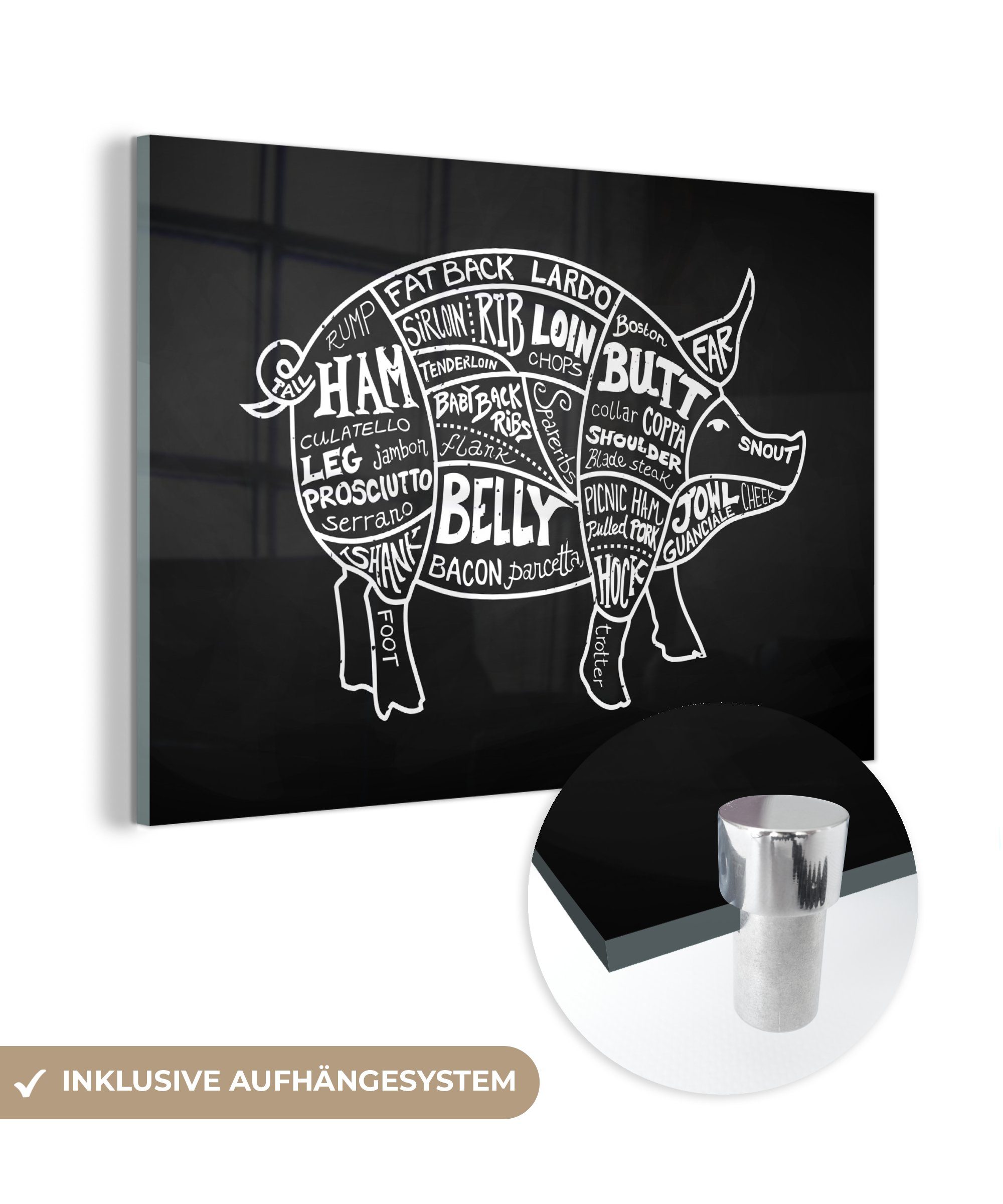 Bilder - Schwein Fleisch, Fleischer Wanddekoration (1 St), - Foto auf Wandbild auf Glasbilder MuchoWow - - Glas - Glas Acrylglasbild