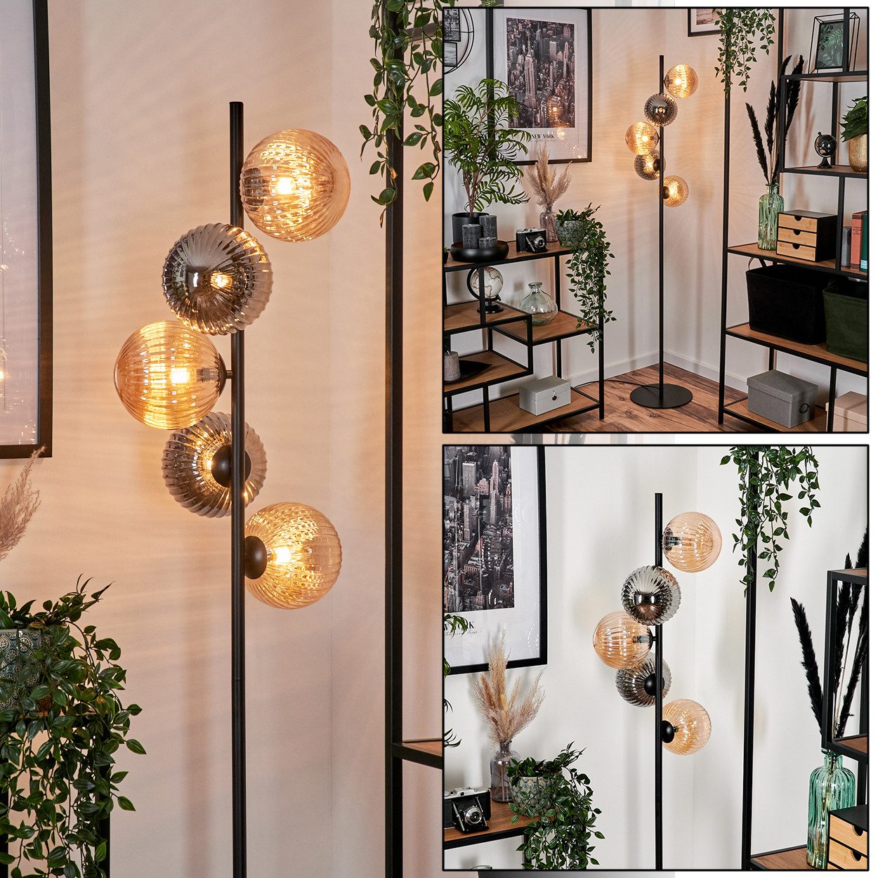 hofstein Stehlampe Stehlampe aus Metall/Riffelglas in Schwarz/Rauch/Bernstein, ohne Leuchtmittel, Leuchte, Schirme aus Glas (15cm),Schalter, 5 x G9, ohne Leuchtmittel