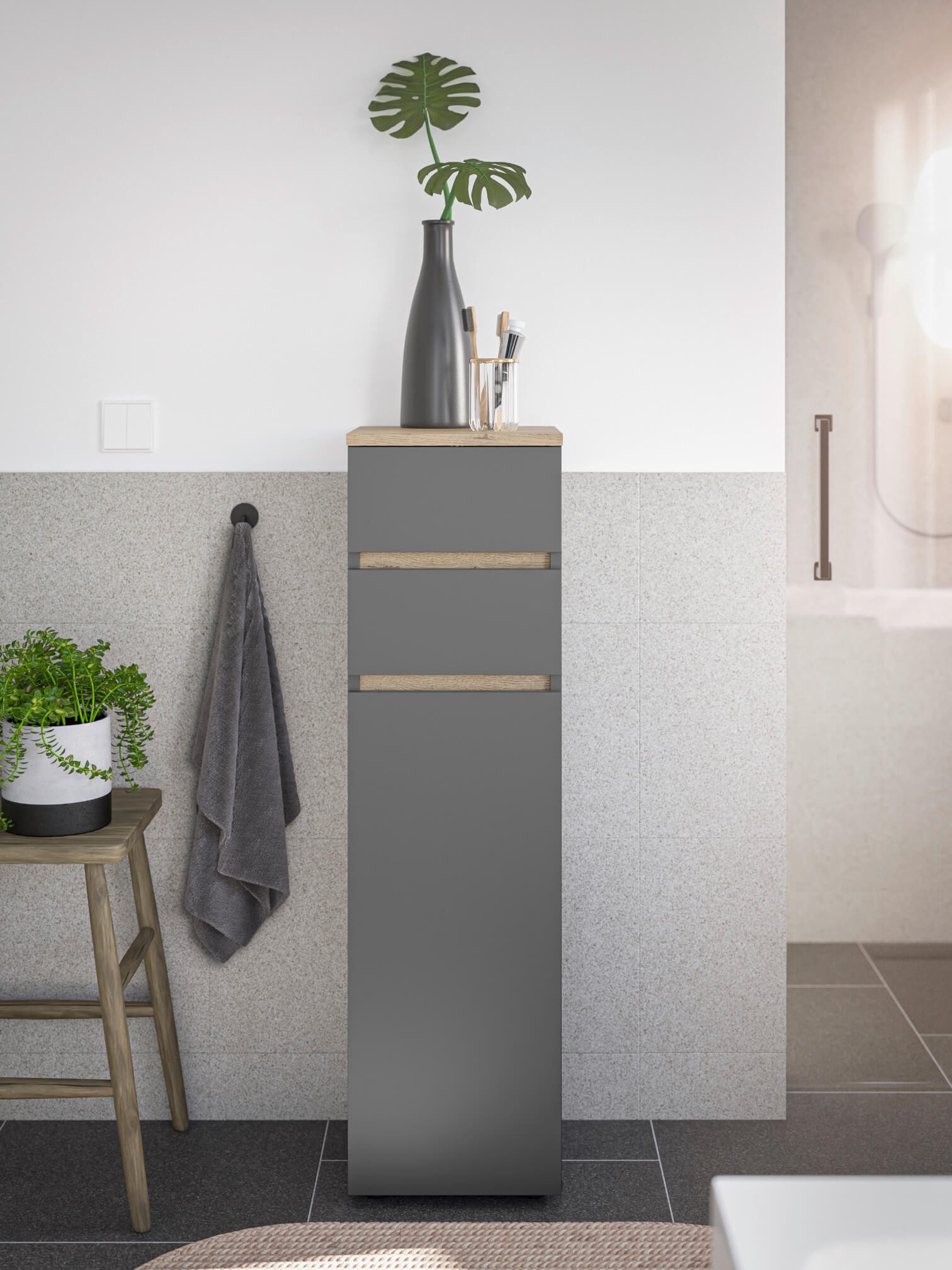 moebel-dich-auf Badkommode LONDRES (Badezimmerschrank Badschrank, mit 1 Tür und 2 Schubkästen, BxH 30x108 cm), in kaschmir oder anthrazit, Absetzung: Cremona Ei – Bild 4 von 5