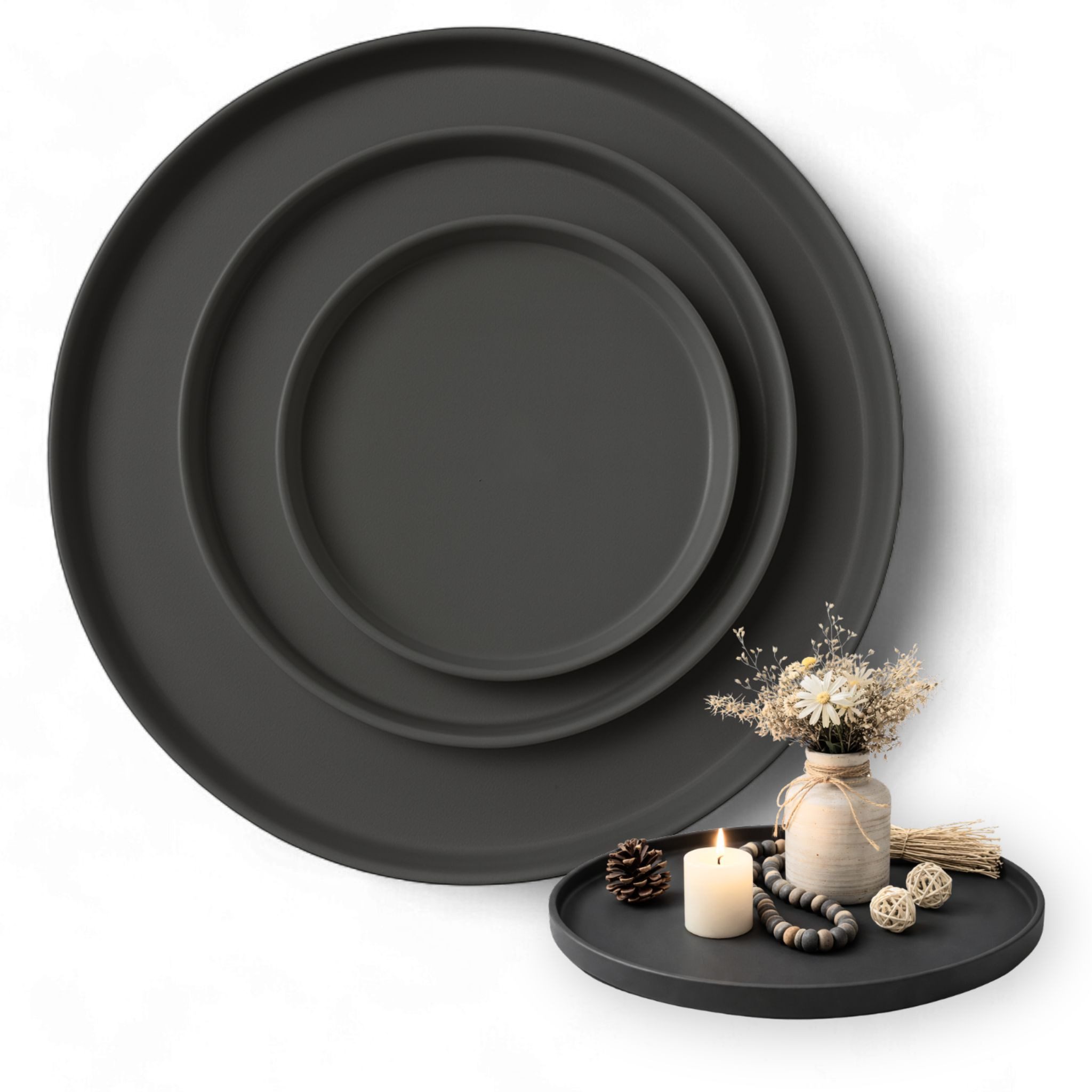 LIVLIG Dekotablett Deko Tablett, Serviertablett rund für Weihnachtsdeko & Adventskranz (Set, 3er Set), robust, pulverbeschichtet, modern, Ø 25 cm, 30 cm und 40 cm