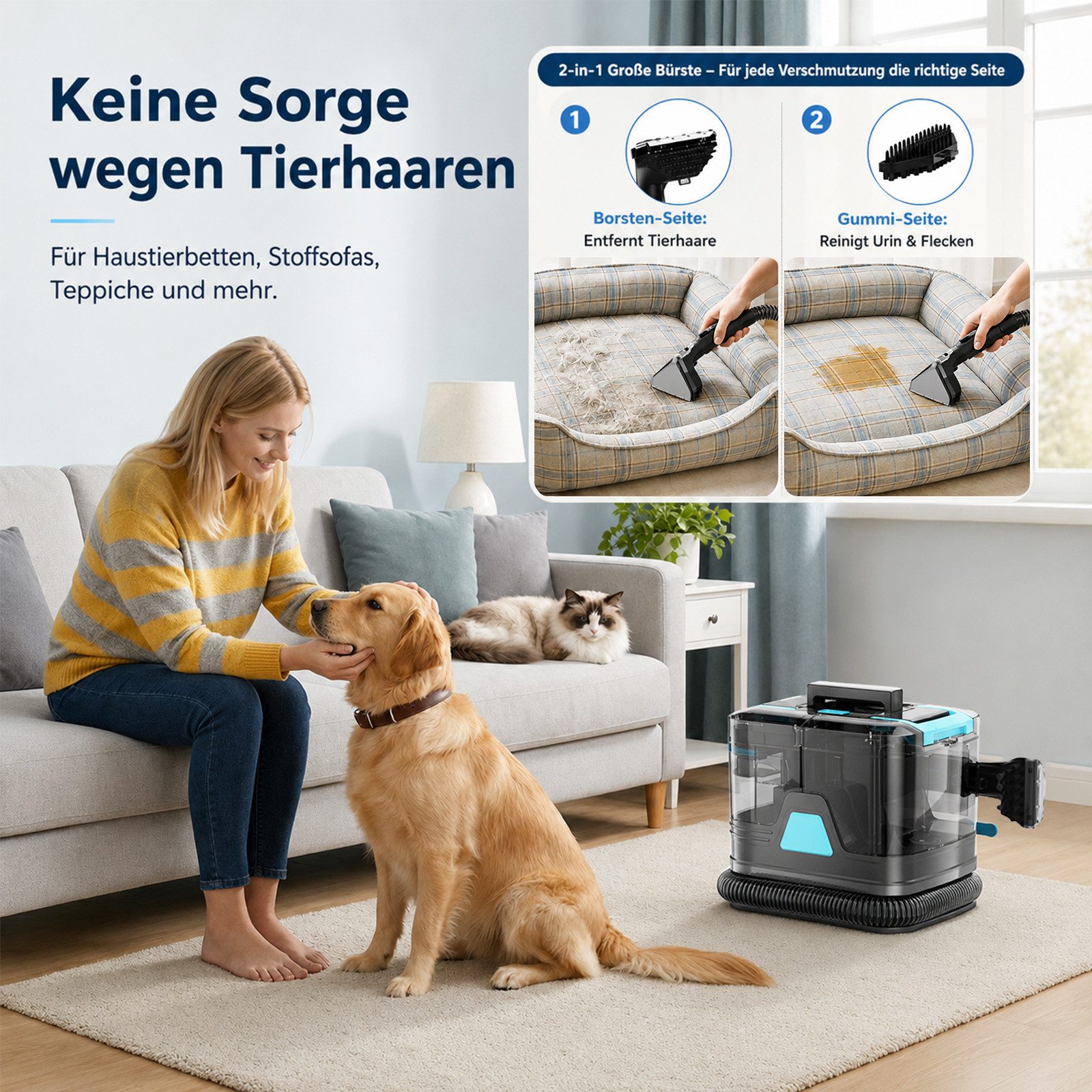 Grenintol Teppichreinigungsgerät 25KPA Waschsauger,Fleckentferner,Teppichreiniger,Polsterreiniger Gerät, 400 W, 5m Kabel + 1,5m Schlauch, 2000ML Frischwasser + 800ML Schmutzwasser, Tragbarerer Fleckenreiniger mit Trenntank-System, Integrierte Zirkulationsreinigungsfunktion, Reinigt und desinfiziert Polster, Teppiche, Autos und Matratzen