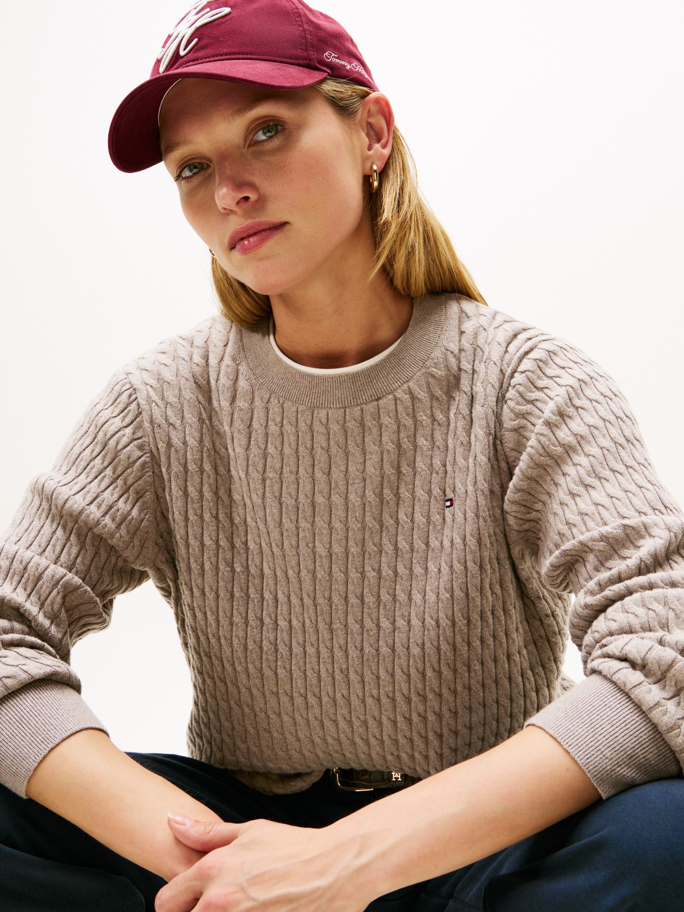 Tommy Hilfiger Rundhalspullover CO CABLE C-NK LS SWEATER Baumwolle, mit Zop günstig online kaufen