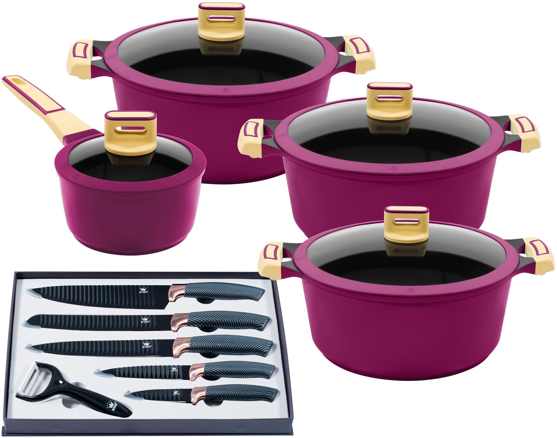 KING Topf-Set GOURMET, Aluminiumguss (Set, 14-tlg), 7 Töpfe, Ø 16/18/20/24 cm, Antihaft-Beschichtung, Induktion flieder