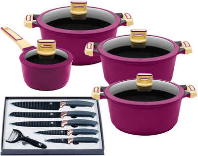 Emailtöpfe Set 6-teiliger Lavender 17,19,24 cm Kochtopf mit Glasdeckel Pott 