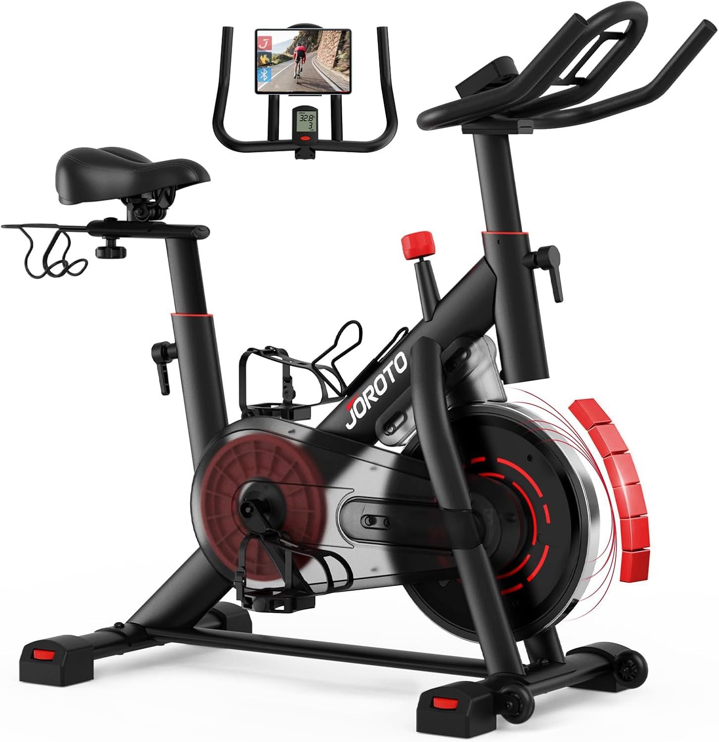 JOROTO Fitnessbike Fitnessbike Heimtrainer mit App LCD-Monitor Tablet- & Getränkehalter, 6 Gang