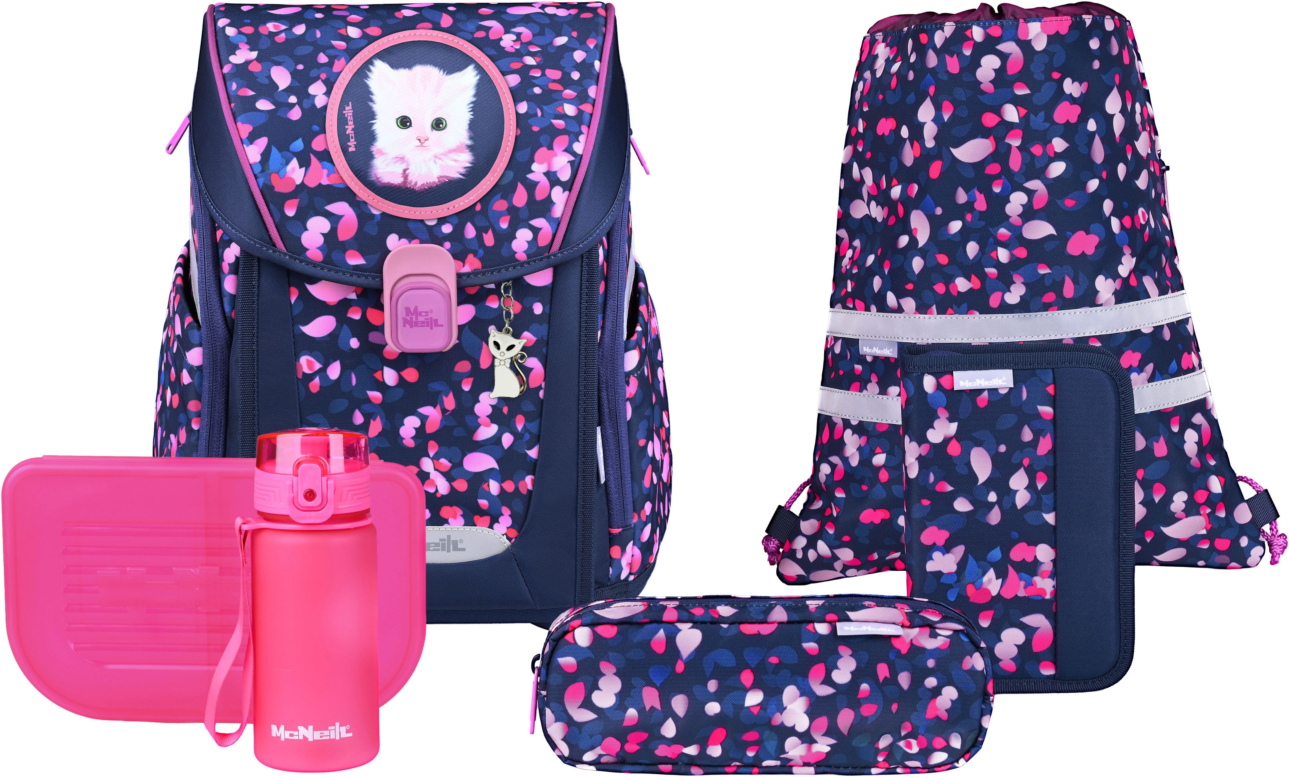 McNeill Schulranzen Primo, inkl. Etui, Turnbeutel, (Set, 9-tlg., Schlamperrolle, Trinkflasche, Lunchbox, 2 Magnete & 1 Anhänger)