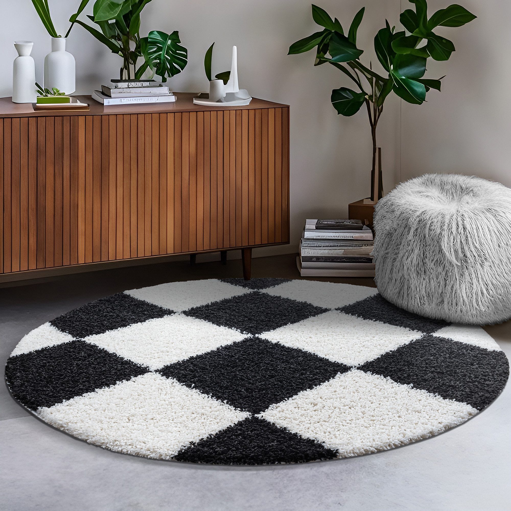 Sanat Hochflor-Teppich Milano 1250, auch als Läufer und in Rund, rund, Höhe: 30 mm, Hochflor, Shaggy, Karo, Wohnzimmer, Schlafzimmer