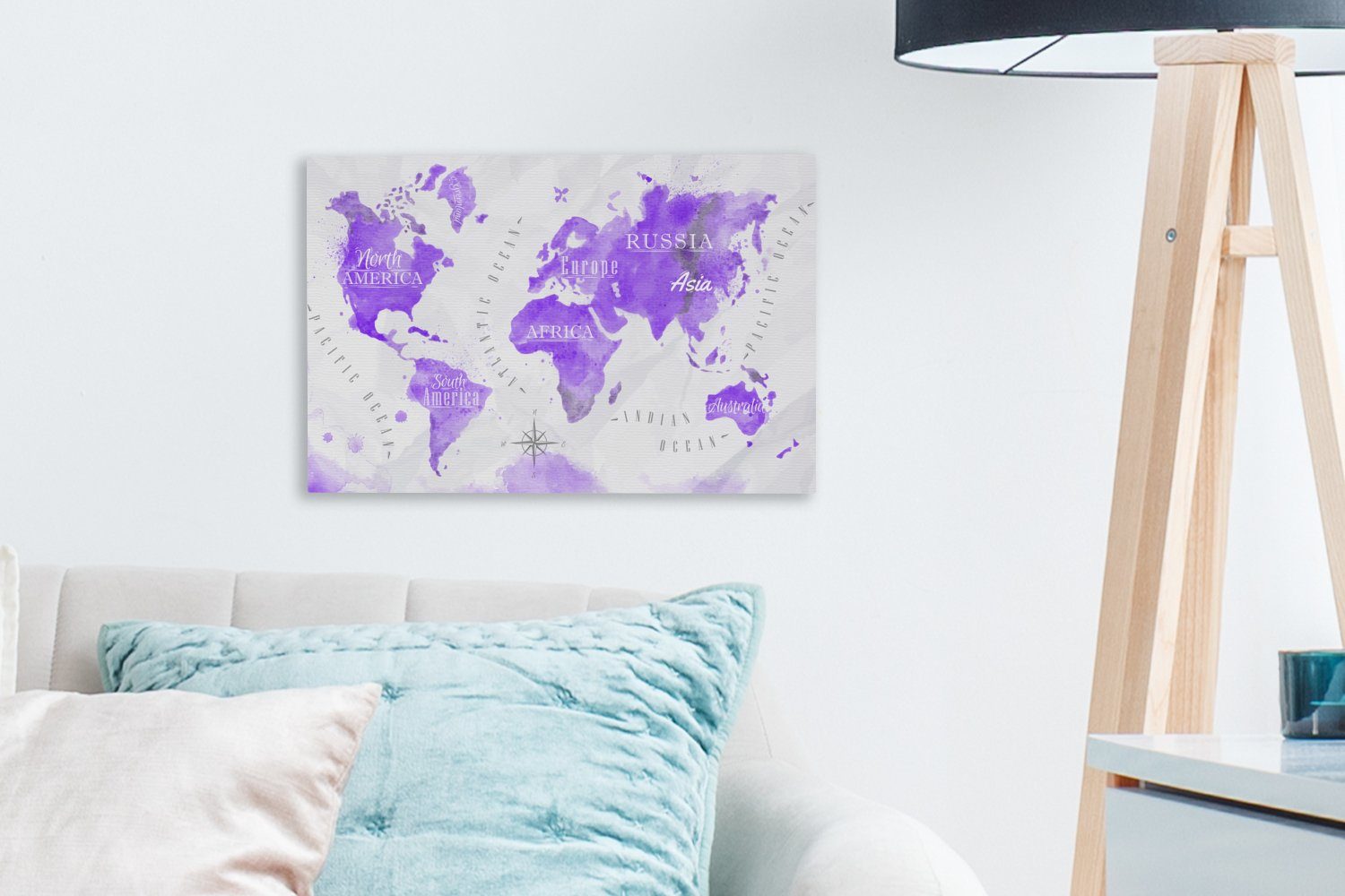 OneMillionCanvasses® Leinwandbild Weltkarte - St), - Aufhängefertig, (1 Leinwandbilder, Wanddeko, cm Violett, 30x20 Ölfarbe Wandbild
