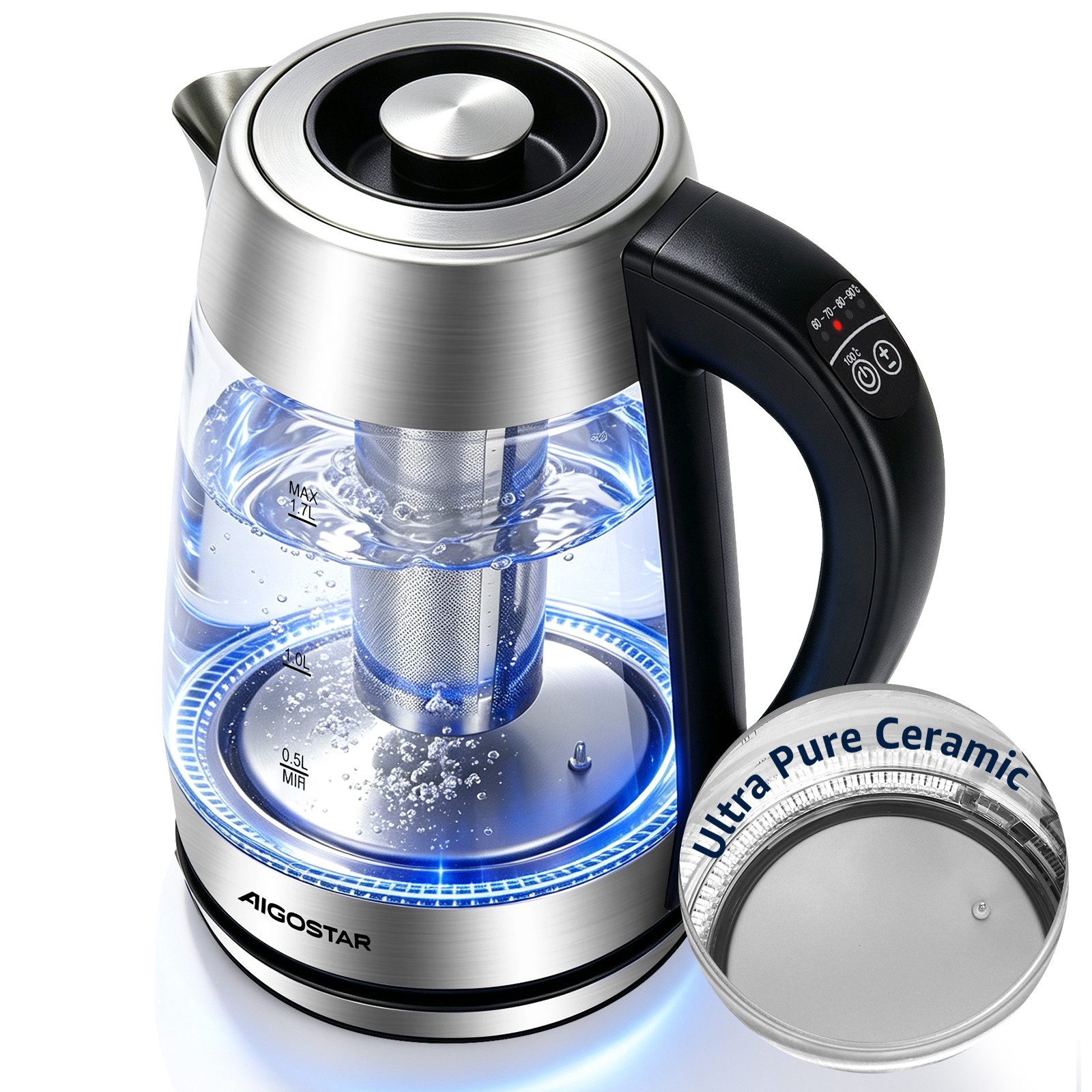 Aigostar Wasserkocher 5 präzise Temperatureinstellungen, Keramikbeschichtung, Kalkfrei, 1.7 l, 2200 W, Keramikbeschichtung, Schnelles Kochen, Warmhaltefunktion, BPA-frei