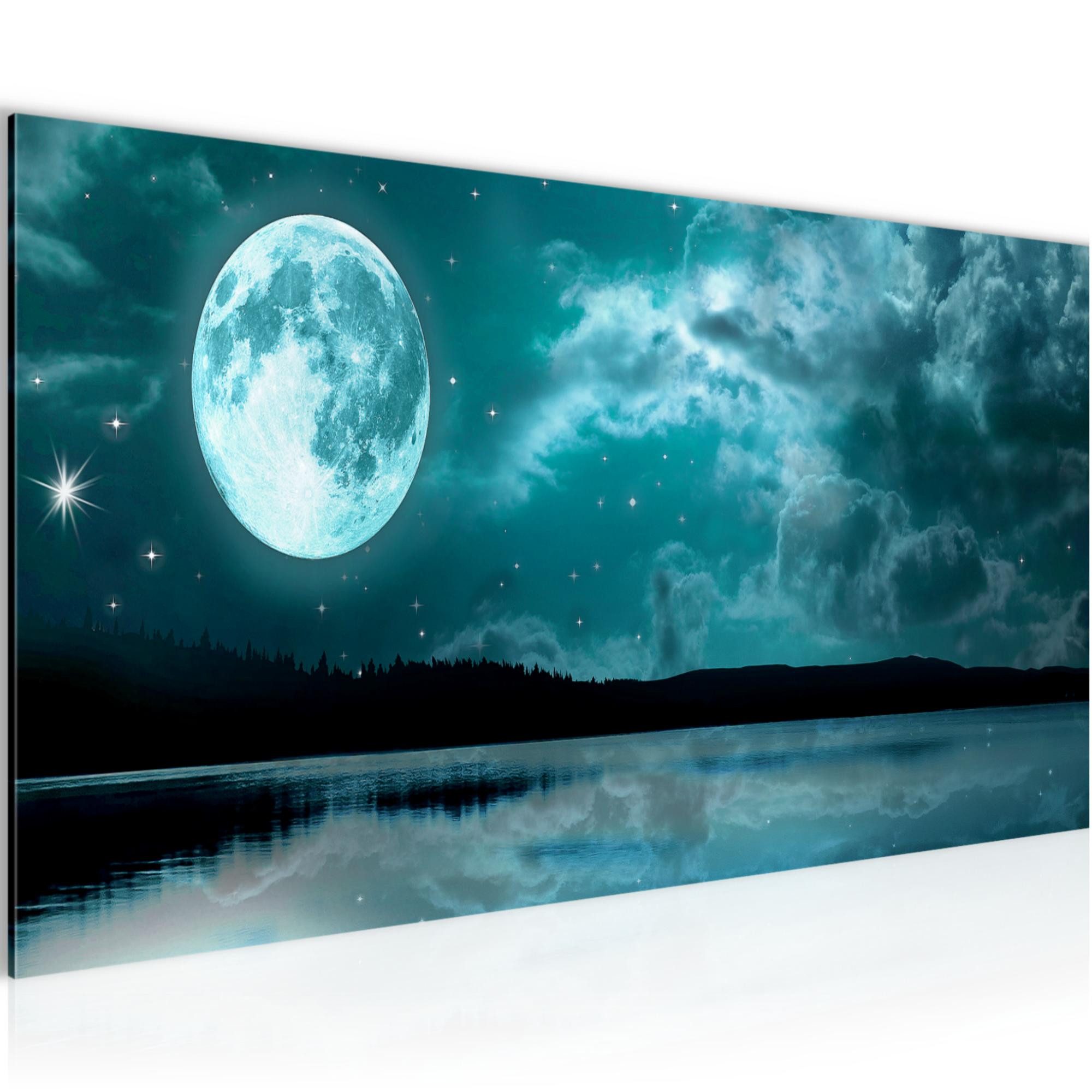 Runa Art Wandbild Nachthimmel Mond auf Vlies Leinwand Wasser Landschaft Türkis 607512c, 100L x 40B cm