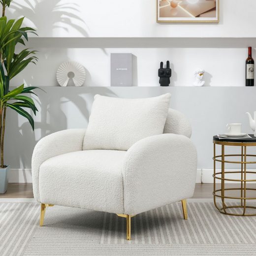 MERAX Sessel mit goldenen Metallbeine und Rückenkissen, Loungesessel Teddystoff, Einzel - Einrichtungsbeispiel