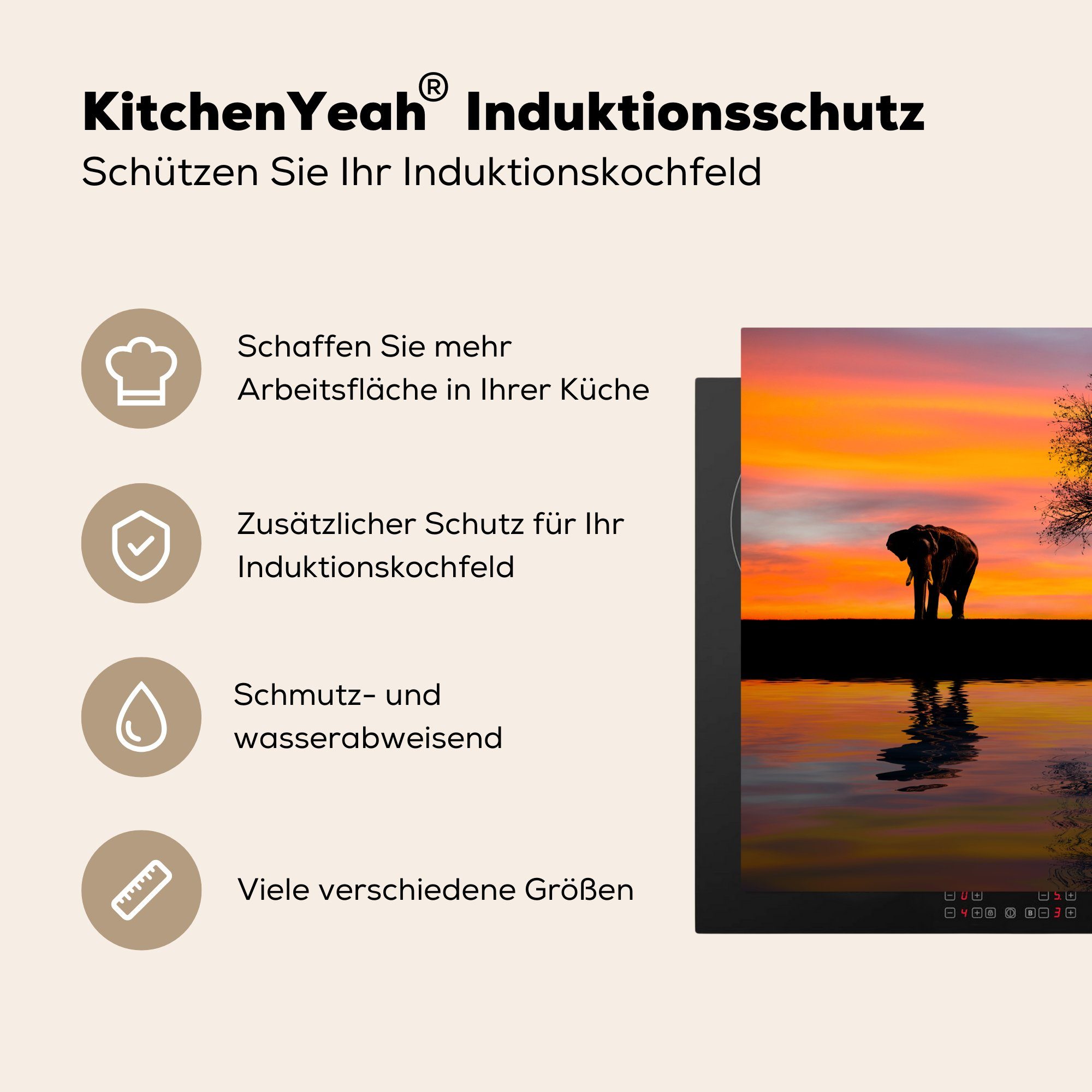 MuchoWow Herdblende-/Abdeckplatte Vinyl, für Ceranfeldabdeckung, tlg), küche (1 Elefant und Arbeitsplatte Sonnenuntergang, 78x78 cm