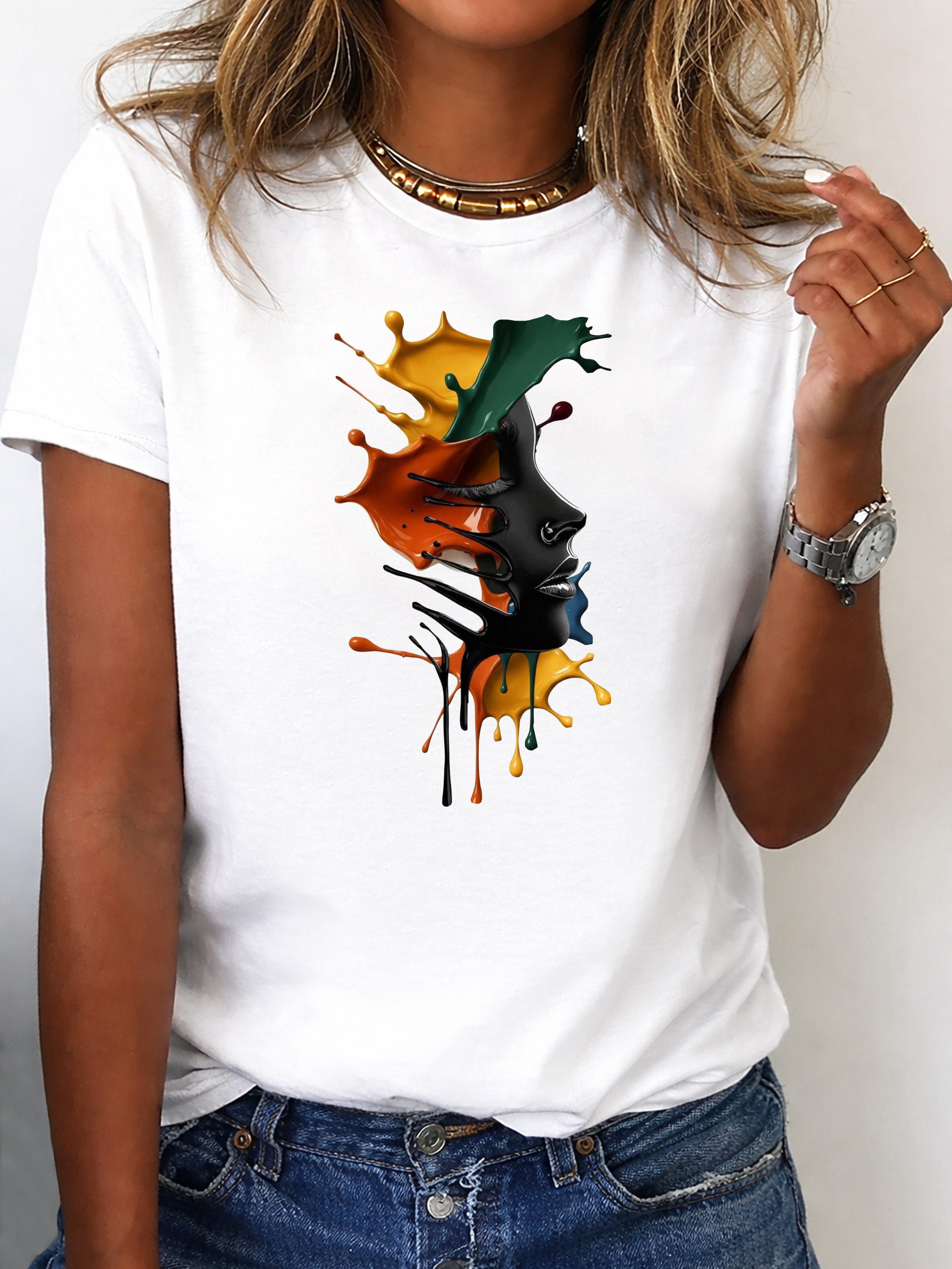 RMK T-Shirt Damen Shirt Rundhals Basic "Farbspritzer" aus Baumwolle