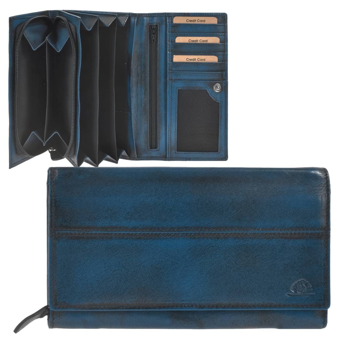 Greenburry Geldbörse "Destressed" Leder Portemonnaie Damen mit RFID Schutz, Querformat, Lederbörse, Portemonnaie, 18x11cm