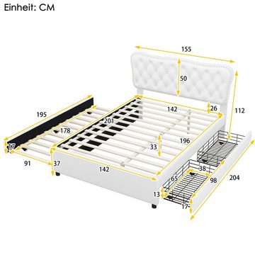 Gotagee Polsterbett Doppelbett Podestbett Bettgestell mit Rollbett und Schubladen 140x200