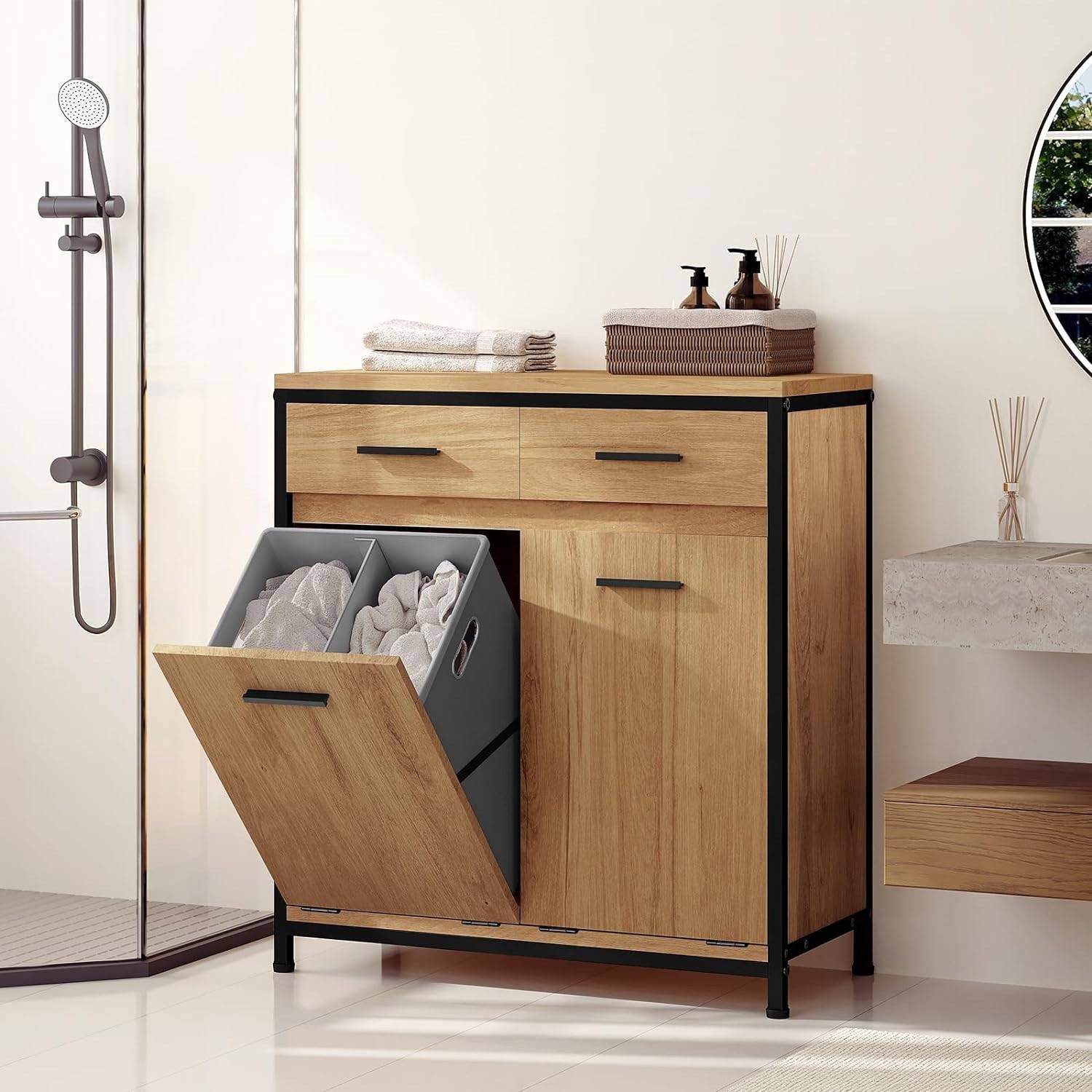 EUGAD Badkommode (1 St), Badezimmerschrank mit 2 faltbaren Wäschesäcken