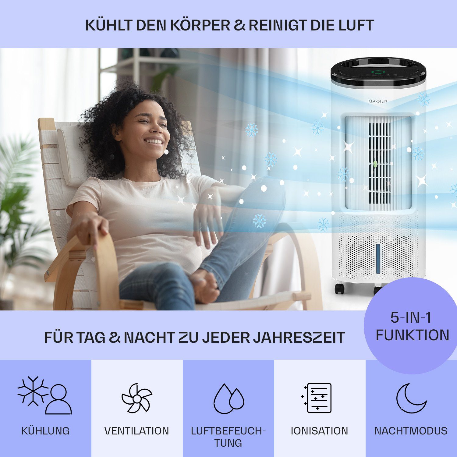 Klarstein Ventilatorkombigerät mobil ohne & Klimagerät 4-in-1 IceWind Plus Eis Abluftschlauch Wasserkühlung mit Luftkühler
