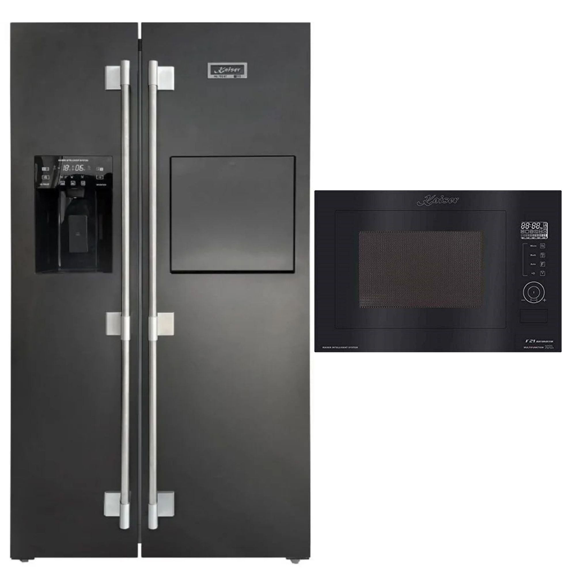 Kaiser Küchengeräte Side-by-Side 178 cm hoch 91.1 cm breit Side-by-Side Kühlschrank No Frost 556 l,Festwasseranschlüß+Einbau-Mikrowelle, Schwarz Glas, 25L, Heißluft, Grill, 21 Funktionen KS 90500 RS N+EM 2510, 91.1 cm breit