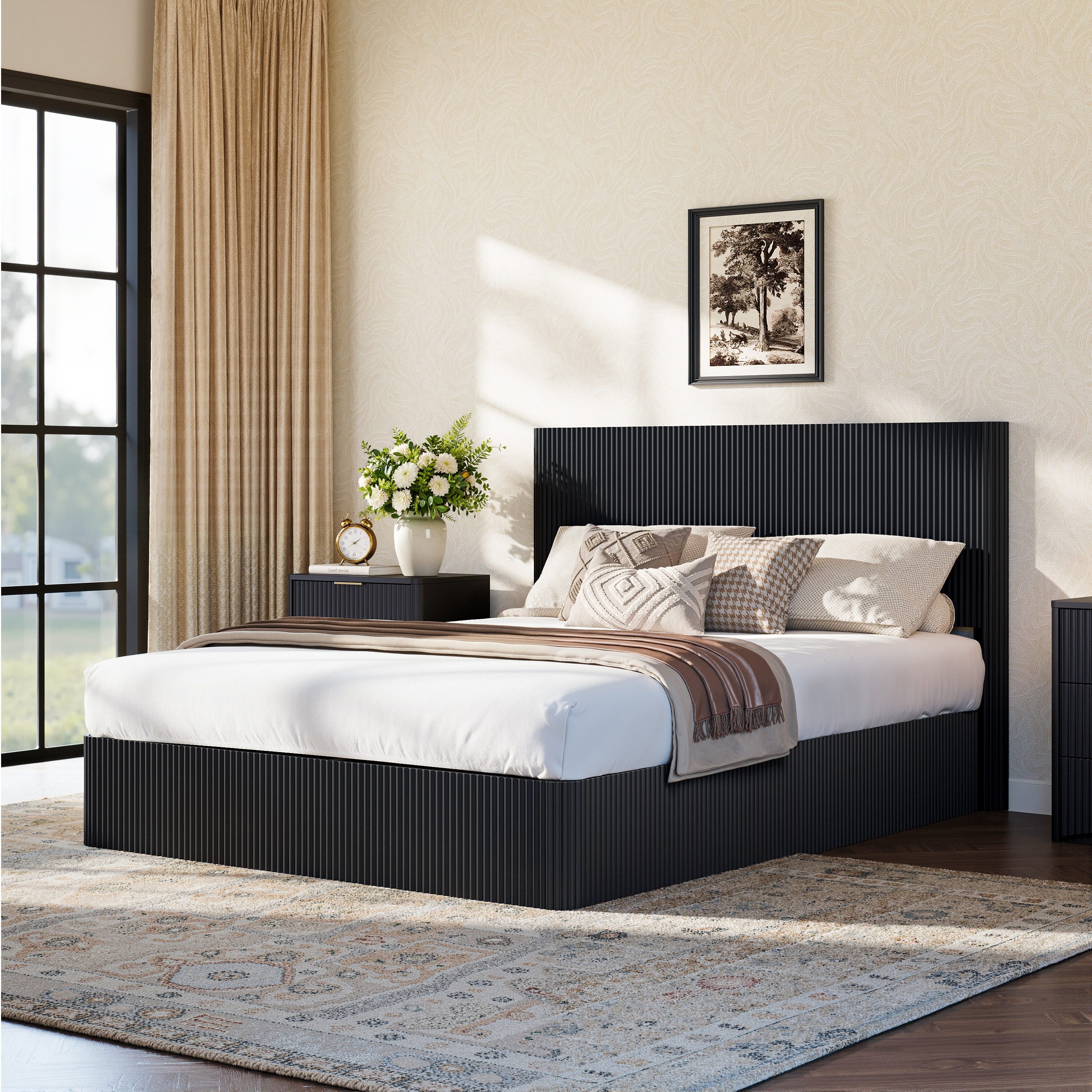 REDOM Stauraumbett Funktionsbett mit hydraulischem Lift-System, Rillenoptik (großer Stauraum und stabile Latten, Jugendbett Doppelbett, Kinderbett 160x200 cm), ohne Matratze