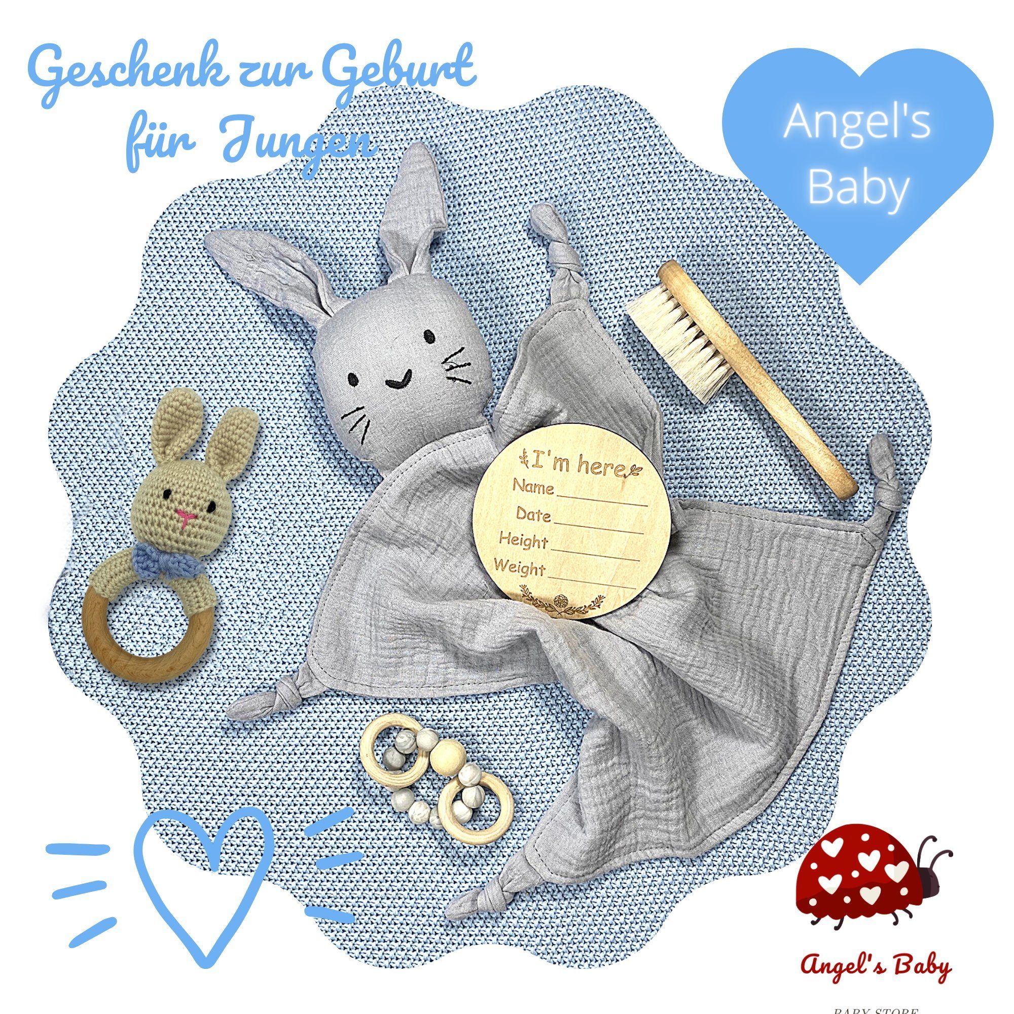 Angel's Baby Neugeborenen-Geschenkset + zur Beige Blau Babyrassel (Set, 5-tlg., und Geschenk gratis Schnuffeltuch, mit 5 Design Geschenkverpackung Geburtskarte) Teile in Grußkarte, Baumwolle, niedlichem mit Geburt