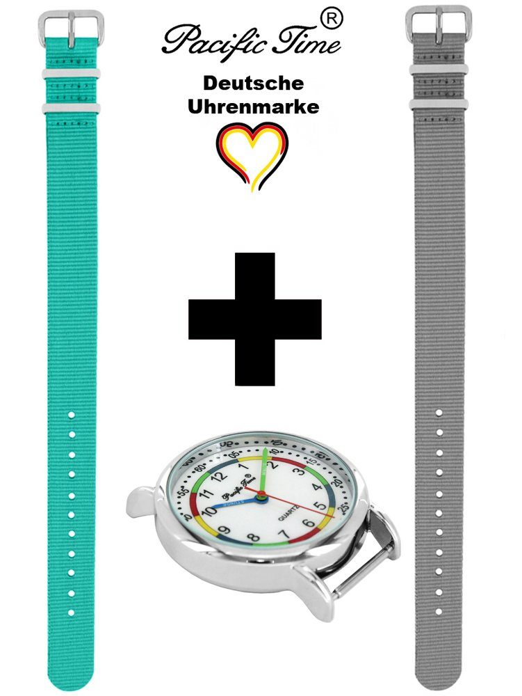 Quarzuhr Time Design Gratis und und türkis First Pacific Match Kinder Wechselarmband, Mix Lernuhr - Armbanduhr Set grau Versand