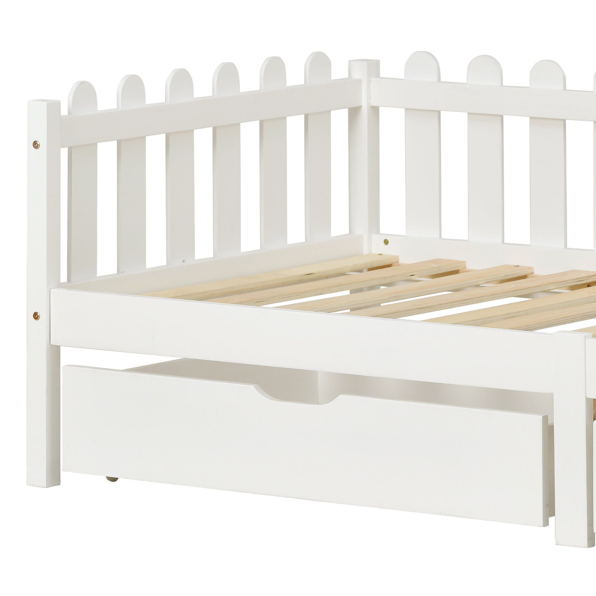 Daybett (1 tlg), Einzelbett Tagesbett Kinderbett mit Rausfallschutz, 2 MDF Schubladen und Lattenrost, Kiefernholz, Bett 200x90cm