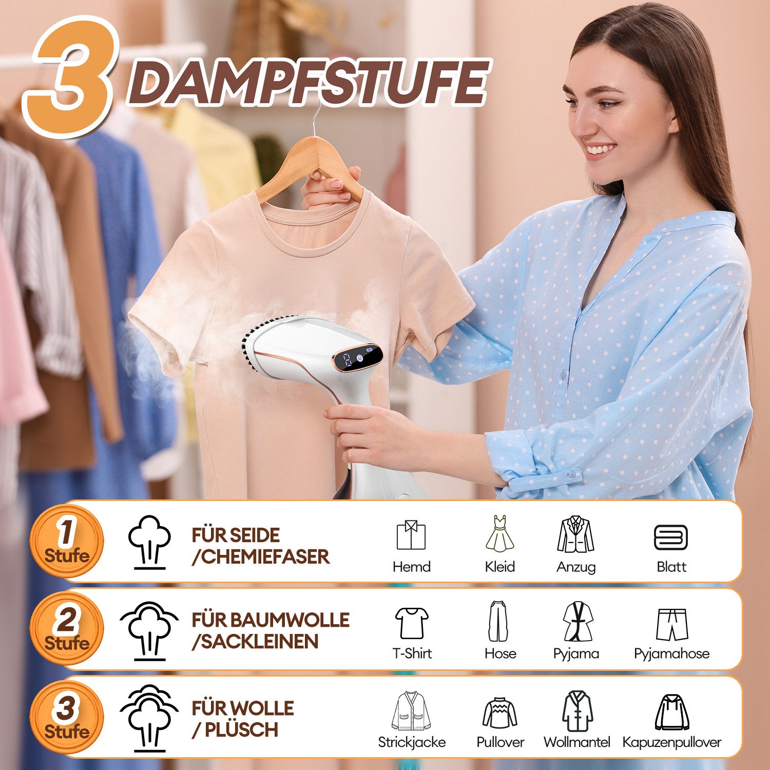 CkeyiN Dampfglätter 1780W Dampfbürste mit 320ML Wassertank Dampfleistung max. 25g/min, 1780,00 W, 3 Dampfstufen LED-Anzeige Heiz-Countdown-Anzeige für Zuhause R – Bild 5 von 5