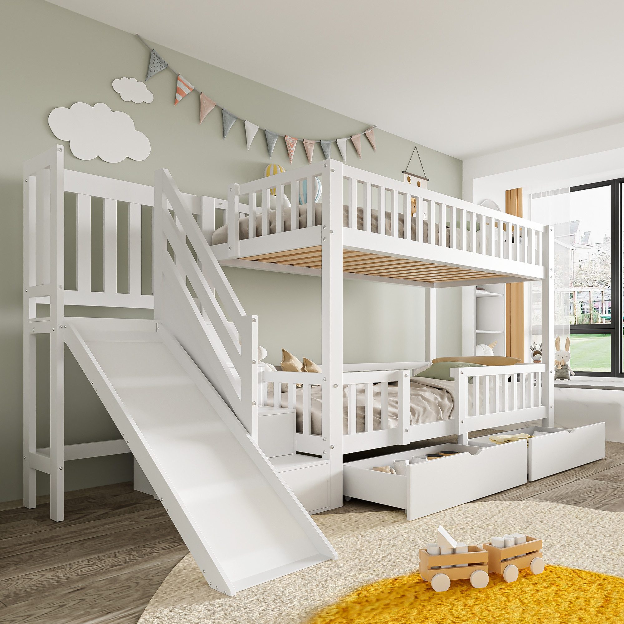 Flieks Etagenbett, Kinderbett Etagenbett mit 2 Schubladen, Rutsche und Trep günstig online kaufen