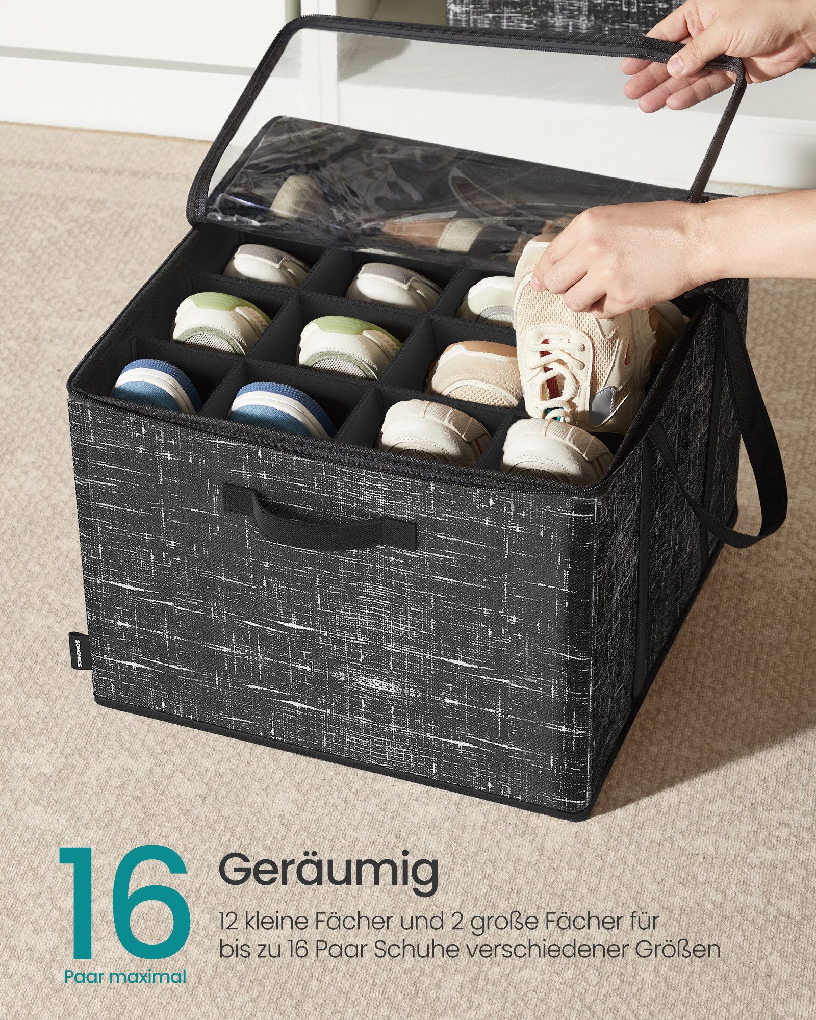 SONGMICS Schuhbox Boxen mit verstellbaren Trennwänden, 1/2 St, Schuhbox, für bis zu 16 Paar Schuhe, Griffe, transparenter Deckel