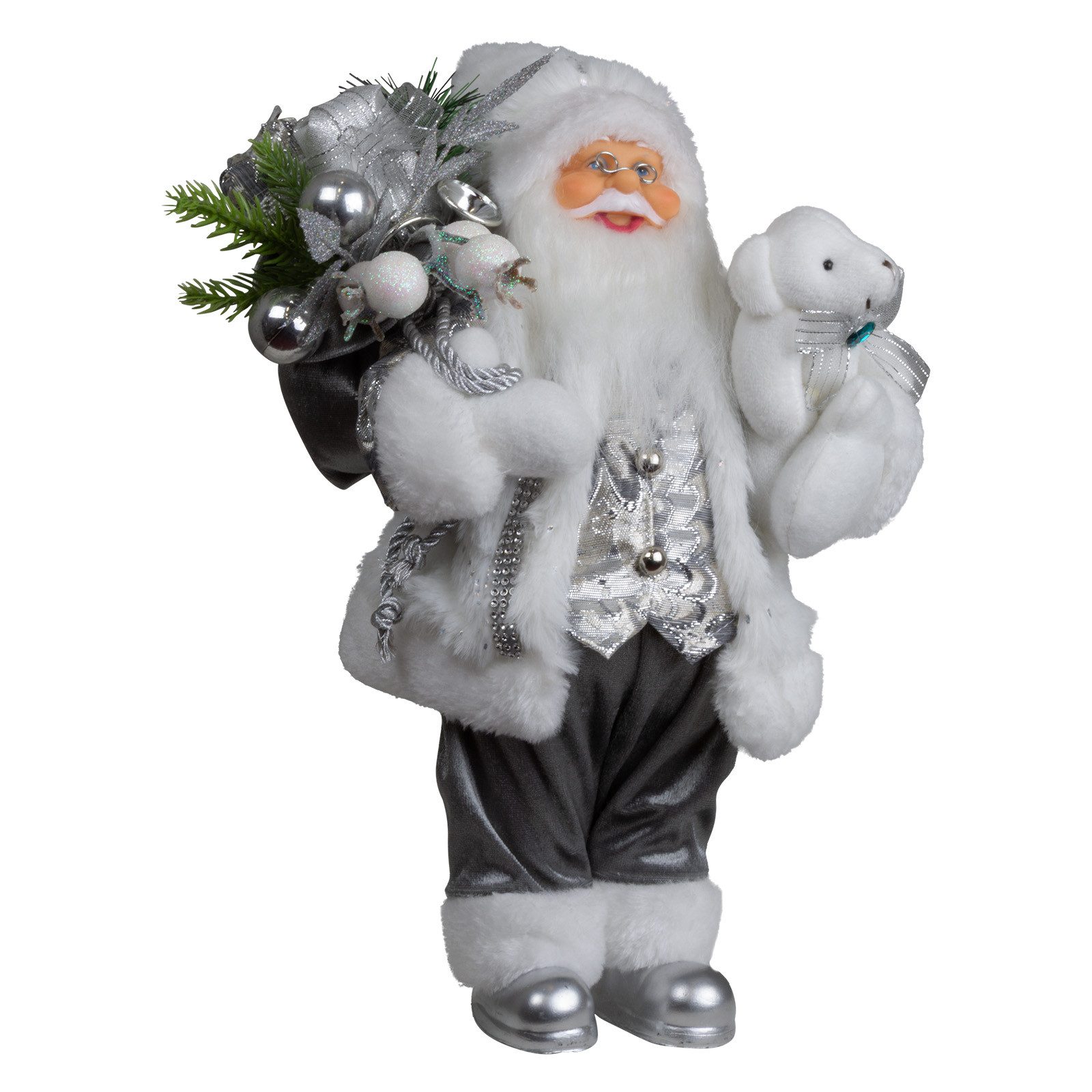 Christmas Paradise Weihnachtsmann stehend 3 Größen (30-60cm) (Deko Figur, 1 St., Santa mit Teddybär), weiß-silber