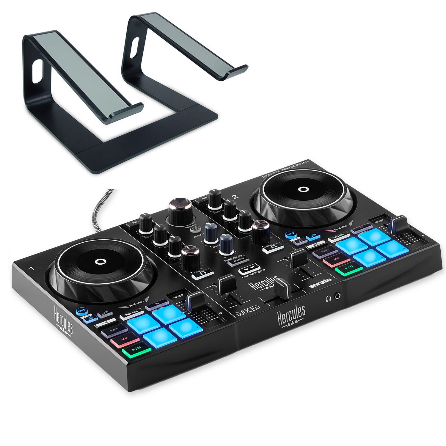 HERCULES DJ Controller Hercules DJ Control Inpulse 200 MK3 mit Laptop Stativ Schwarz, (Vorteils-Set mit Laptop Stativ Schwarz, 1-tlg), Vorteils-Set mit Laptop Stativ Schwarz