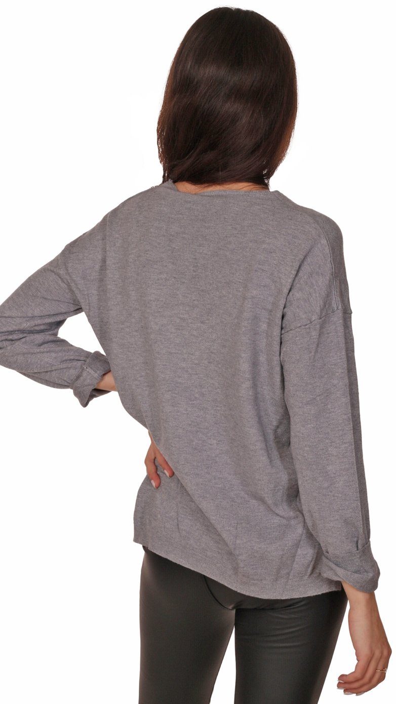 Grau V-Ausschnitt-Pullover Basicstyle Moda V-Ausschnitt Langarm Charis Pullover
