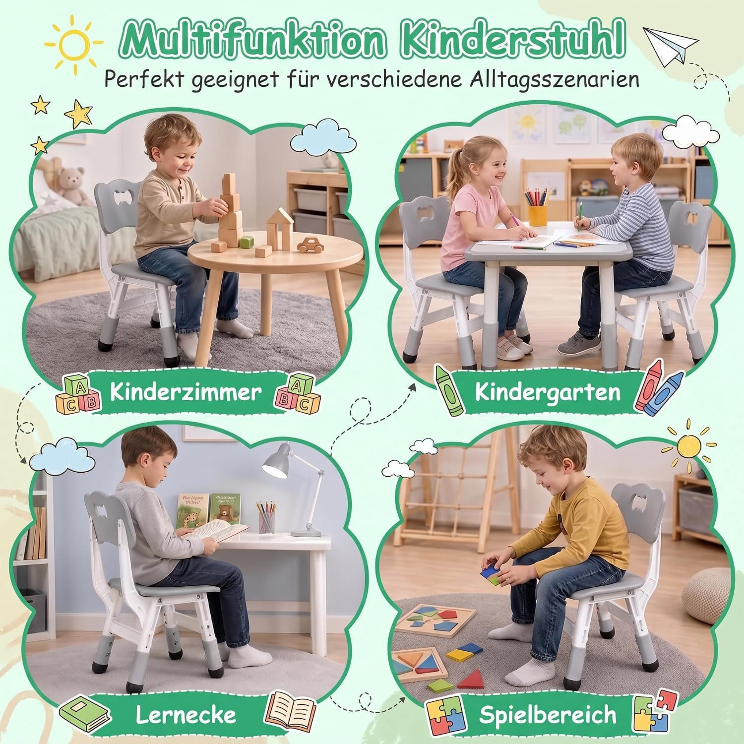 TLGREEN Kindersitzgruppe Kinder Schreibtischstuhl Höhenverstellbar, (Kinderstühle mit Rückenlehne, 2-tlg., für Kinderzimmer Schule Kindertagespflege), Kinder St – Bild 5 von 5