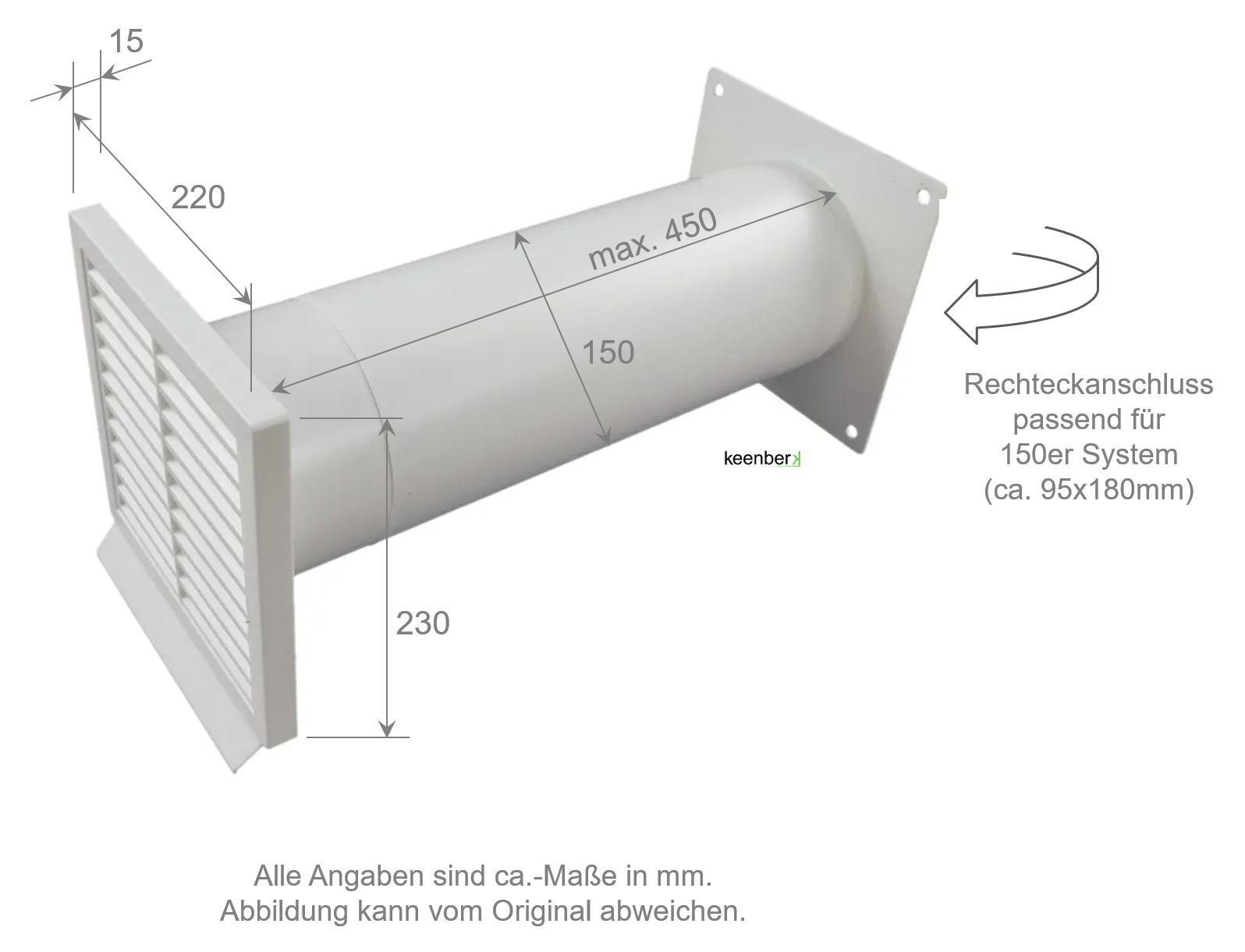 ø150 Mauerkasten 120 Außengitter Mauerstärken 450mm Flachanschluss bis weiß IKM